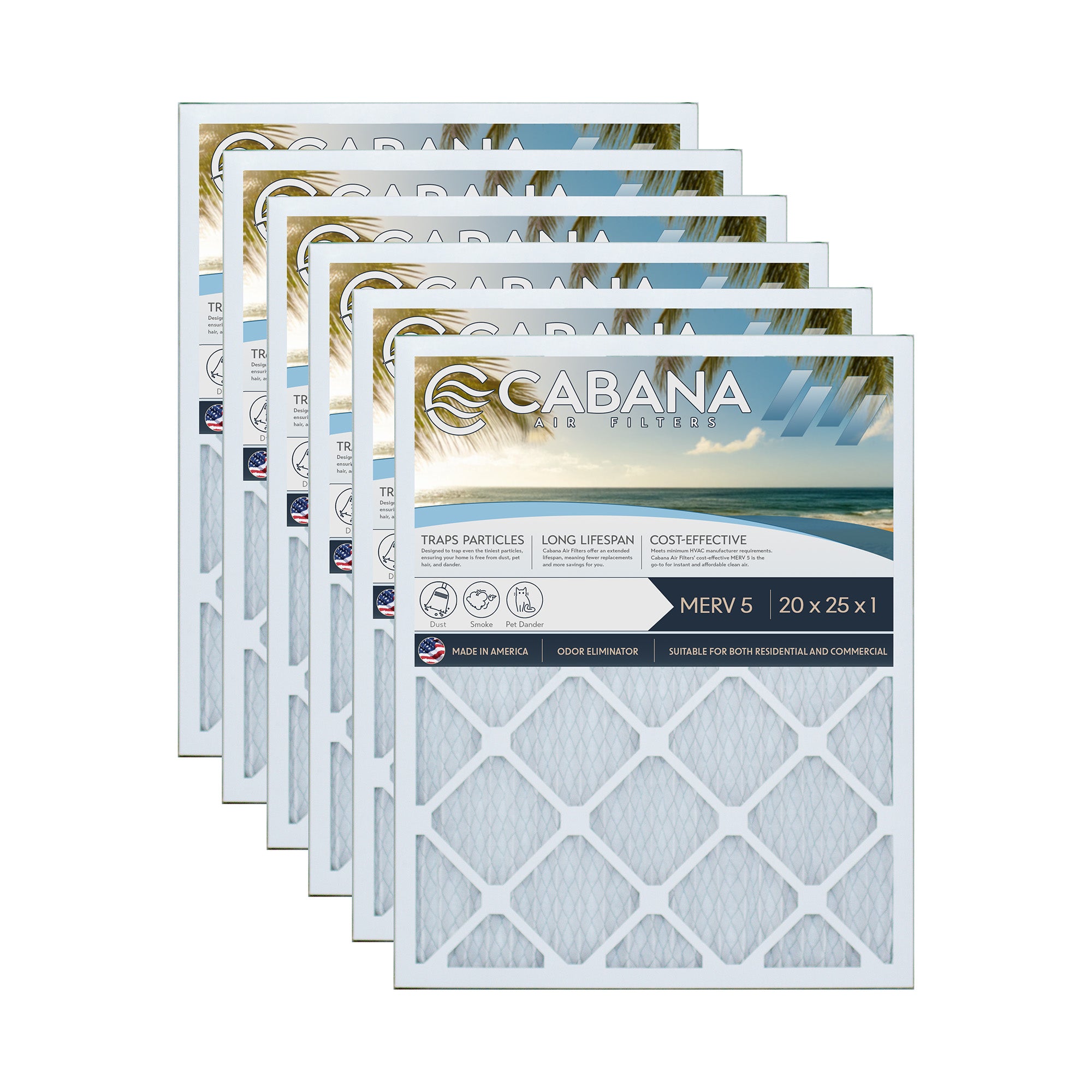 Cabana Air Filters 6 Pack HVAC Furnace Air Filters, MERV 5, 20 x 25 x 1, White - VMInnovations