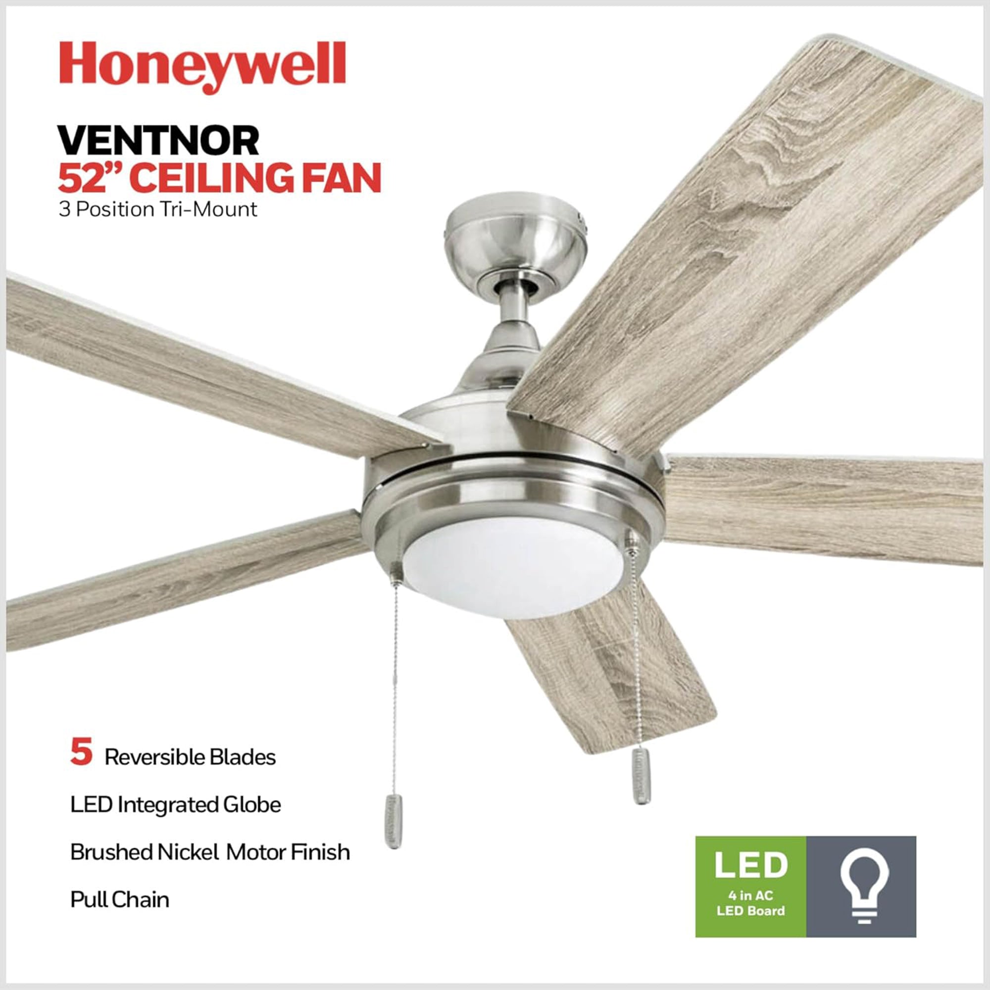 Honeywell Ventnor 52" Modern Farmhouse LED Ceiling Fan with Pull Chain, Nickel