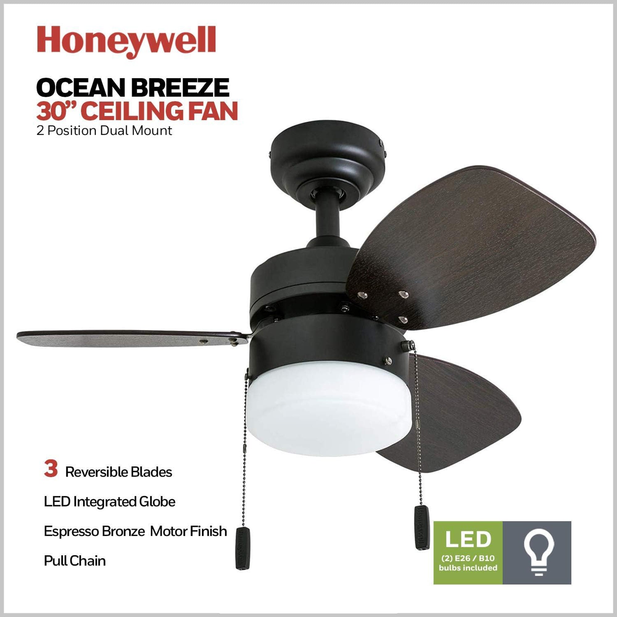 Honeywell Ocean Breeze 30" Indoor Ceiling Fan with Light & Pull Chain, Bronze