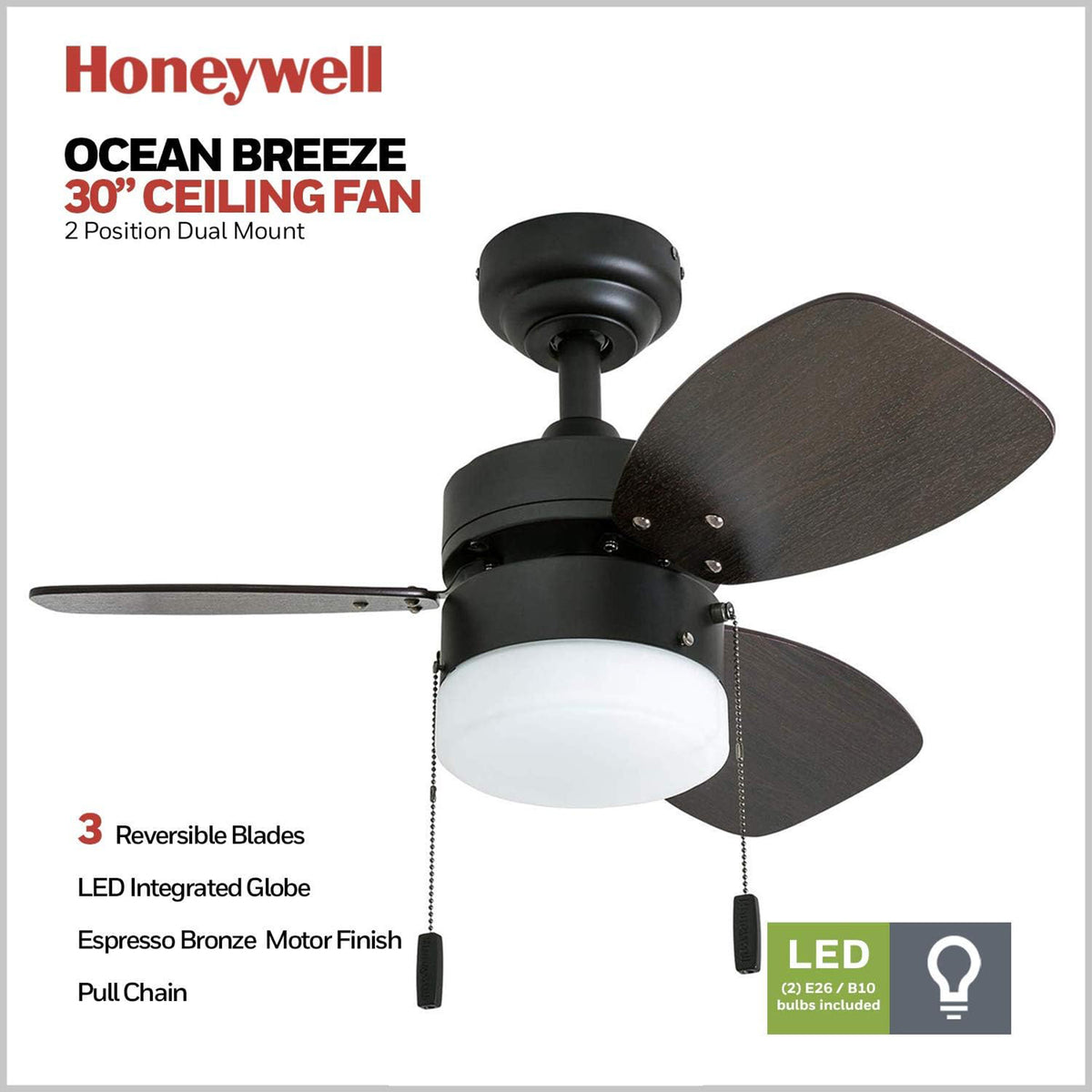 Honeywell Ocean Breeze 30" Indoor Ceiling Fan with Light & Pull Chain (Open Box)
