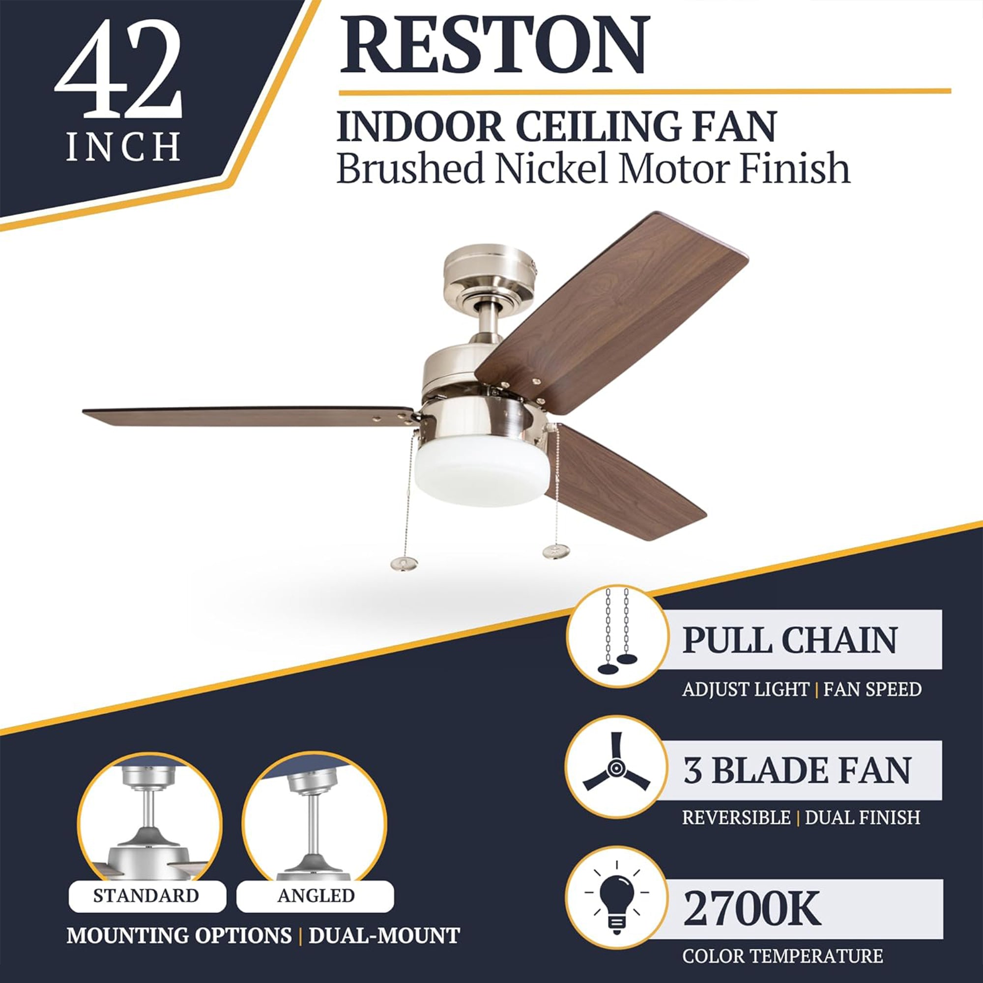 Prominence Home 42" Reston Ceiling Fan with Light, Pull Chain & 3 Blades, Nickel - VMInnovations