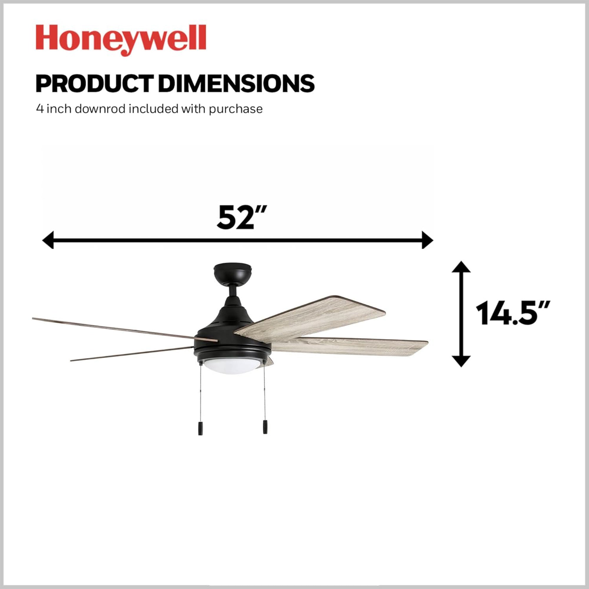 Honeywell Ventnor 52" Modern Farmhouse LED Ceiling Fan with Pull Chain, Bronze - VMInnovations