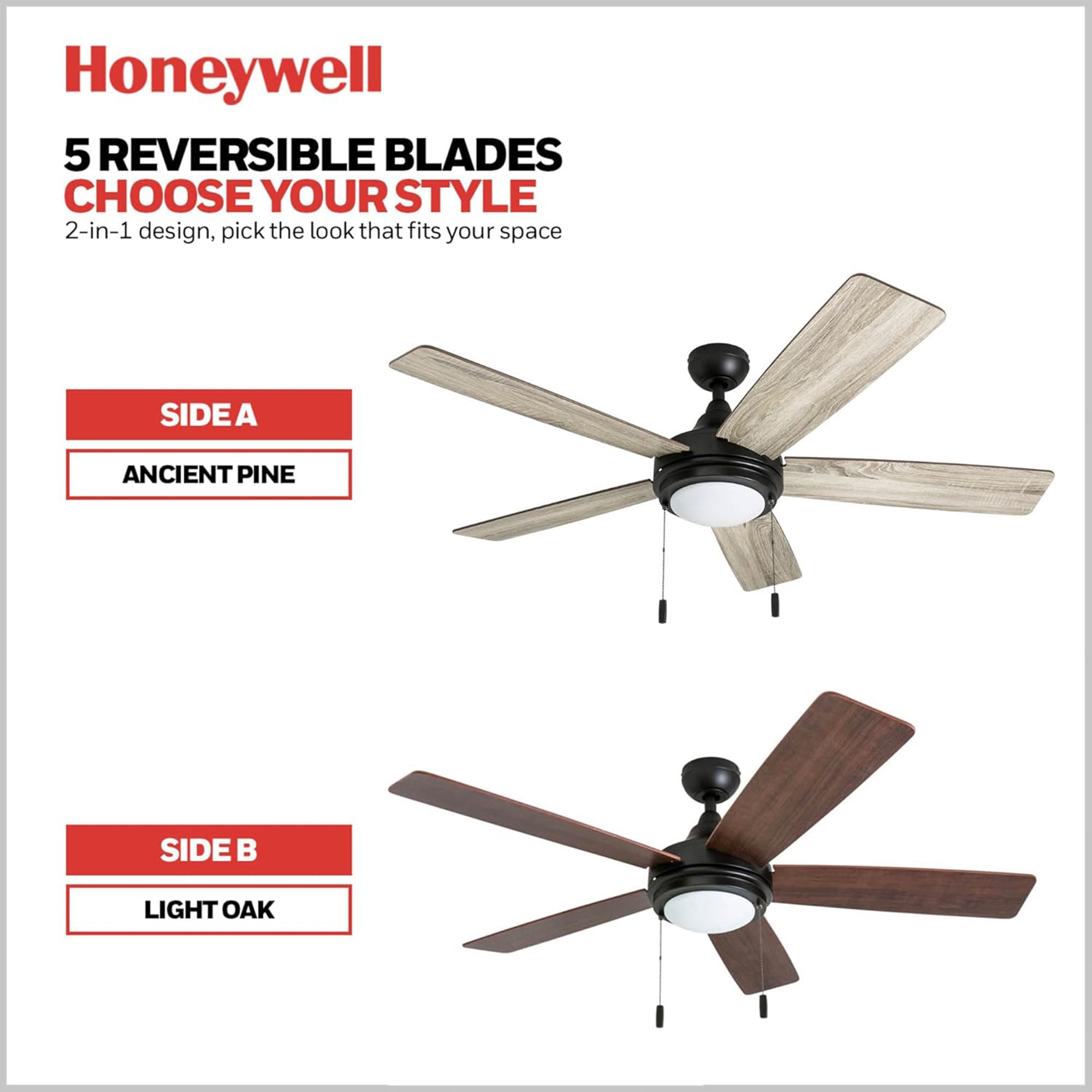 Honeywell Ventnor 52" Modern Farmhouse LED Ceiling Fan with Pull Chain, Bronze - VMInnovations