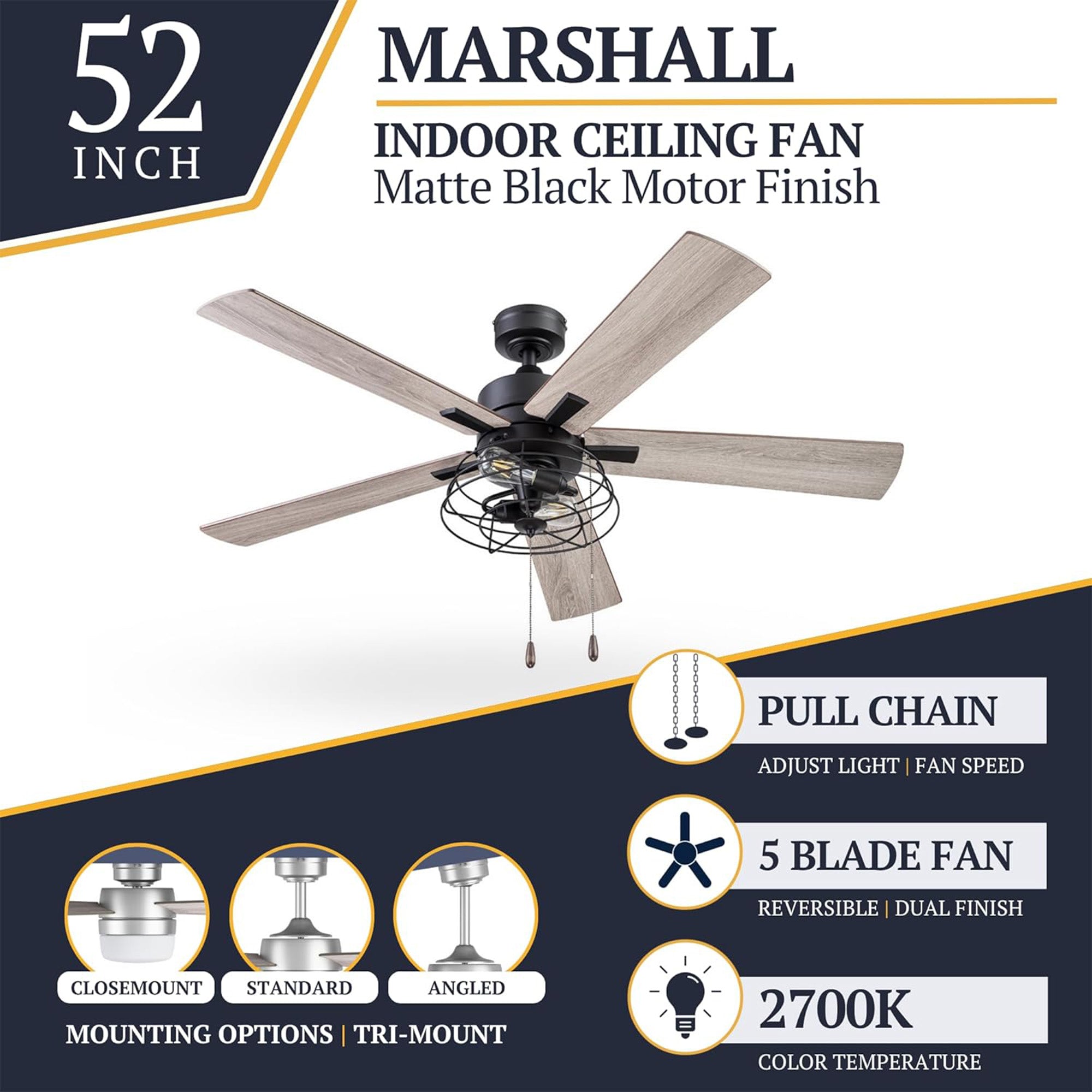 Prominence Home Marshall 52 Inch Industrial Ceiling Fan, Pull Chain, Matte Black - VMInnovations