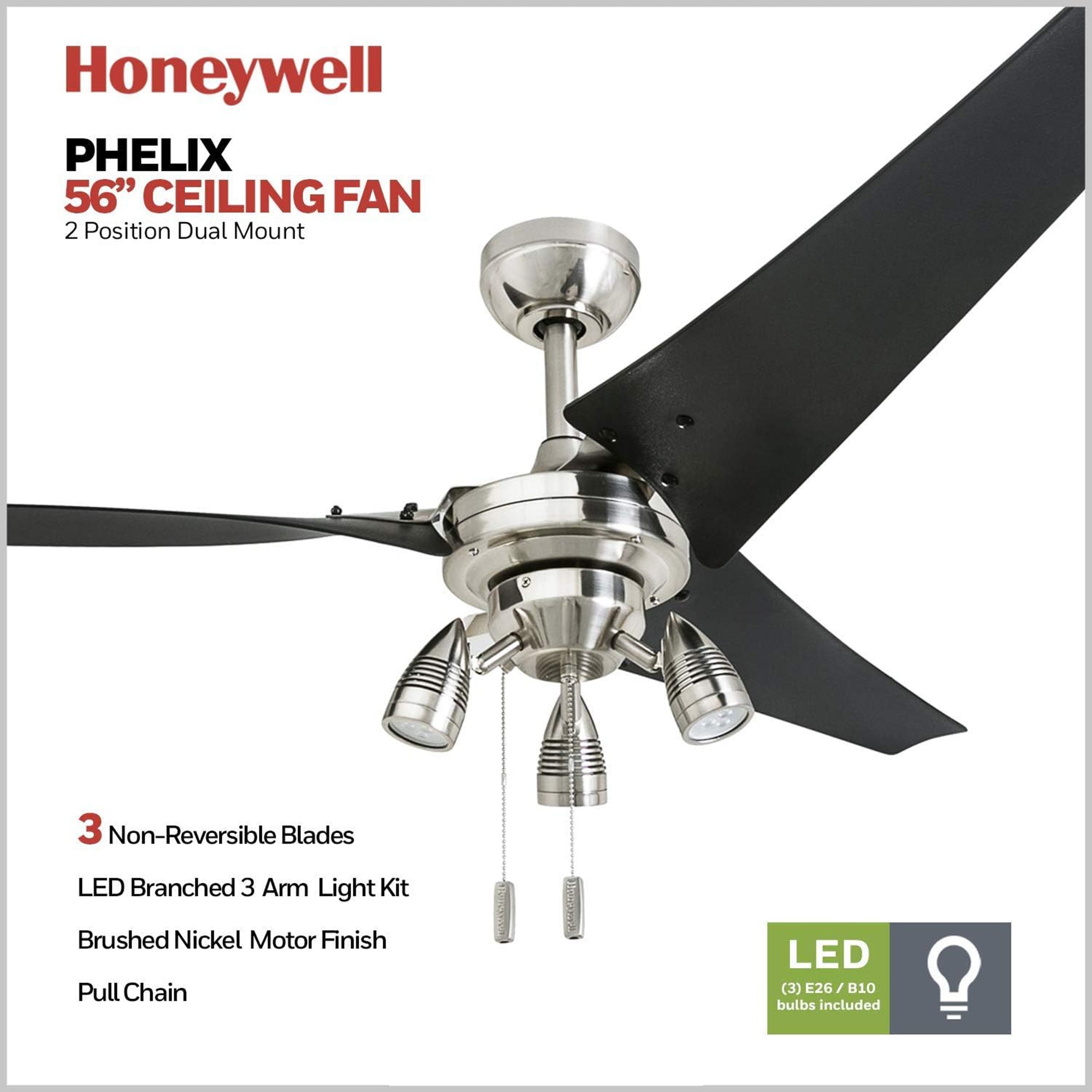Honeywell Phelix 56 Inch Indoor LED Ceiling Fan with Light & Pull Chain, Nickel - VMInnovations
