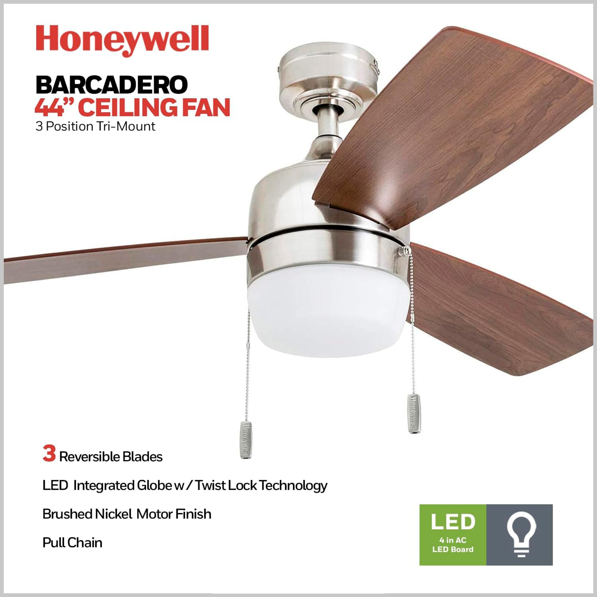 Honeywell Barcadero 44" Indoor LED Ceiling Fan with Pull Chain, Brushed Nickel - VMInnovations