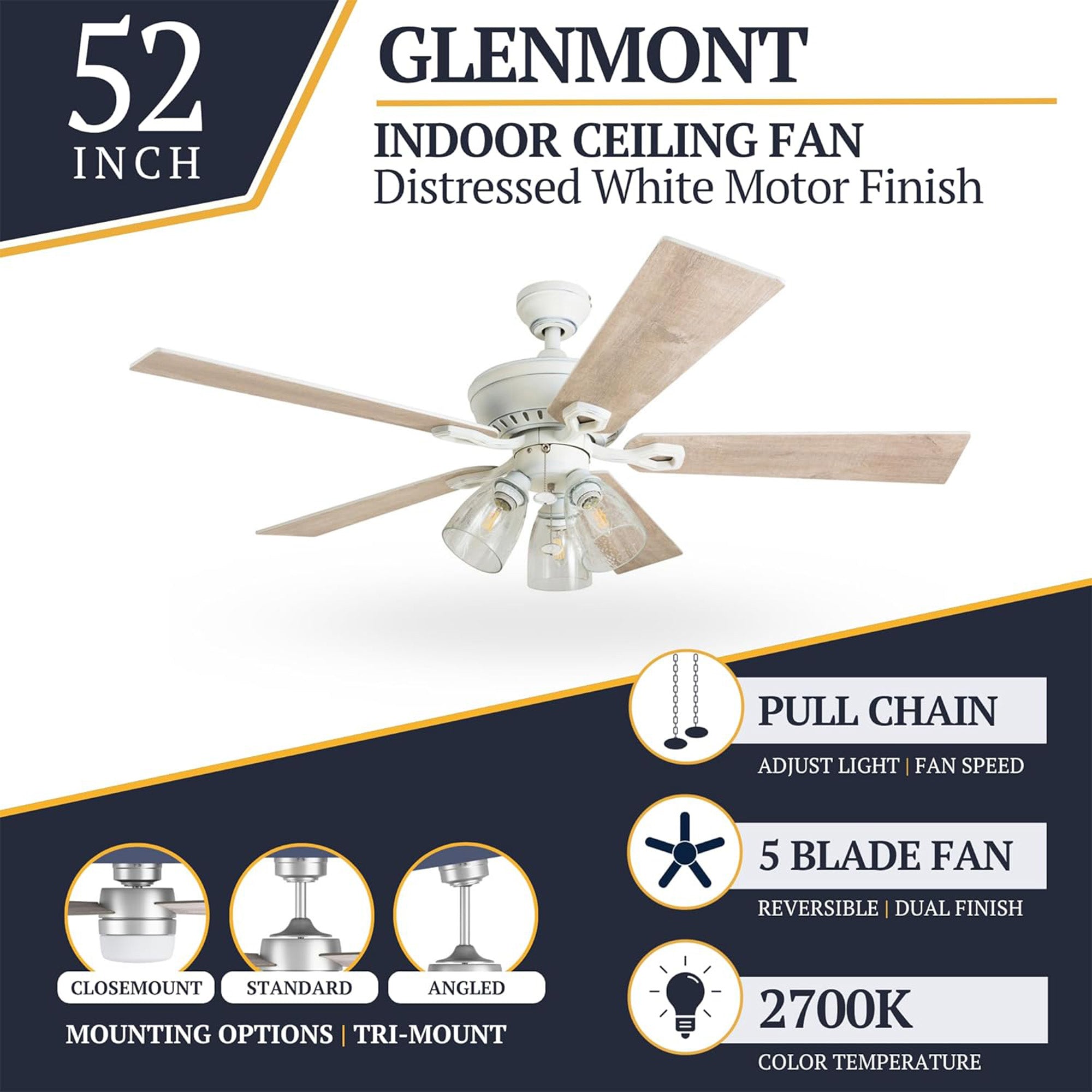 Prominence Home Glenmont 52" Ceiling Fan w/ Light, Pull Chain, Distressed White - VMInnovations