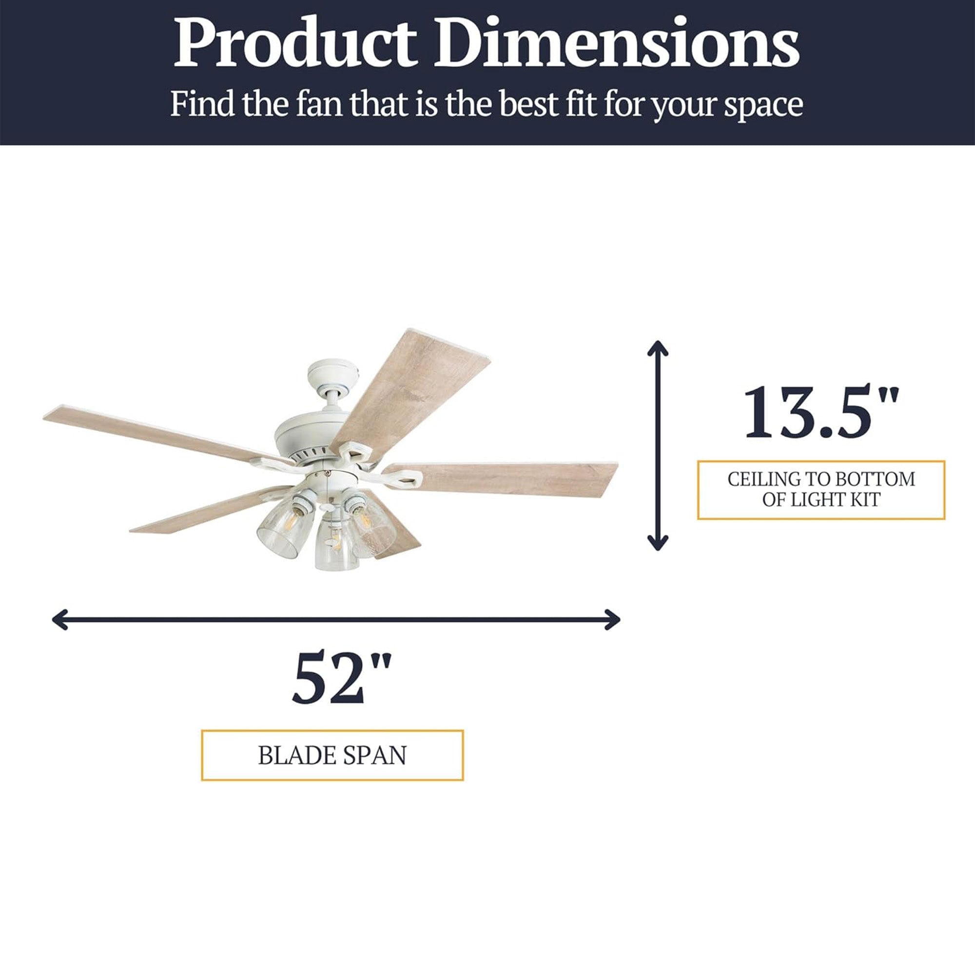Prominence Home Glenmont 52" Ceiling Fan w/ Light, Pull Chain, Distressed White - VMInnovations