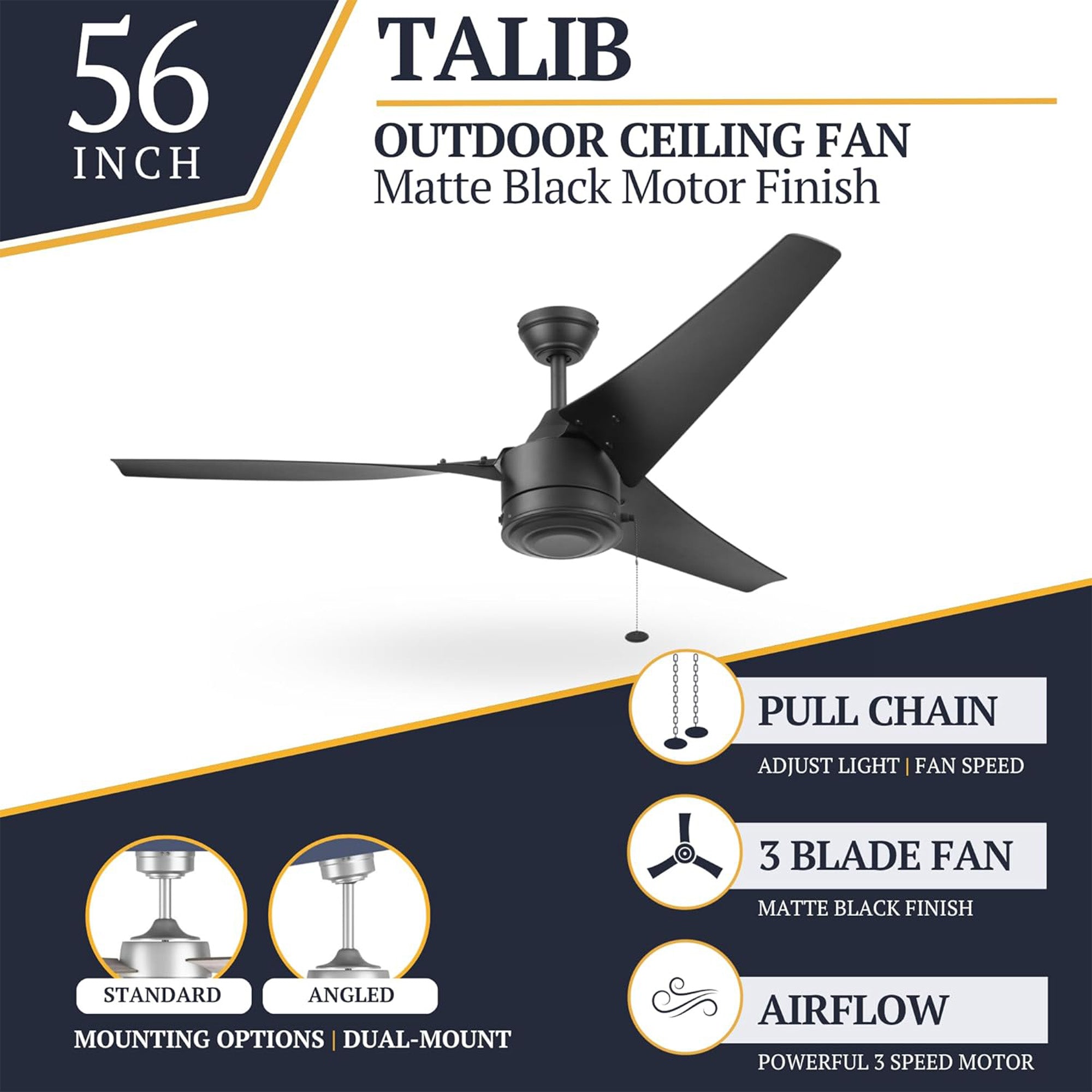 Prominence Home Talib 56 Inch Outdoor Ceiling Fan With No Light, Matte Black - VMInnovations
