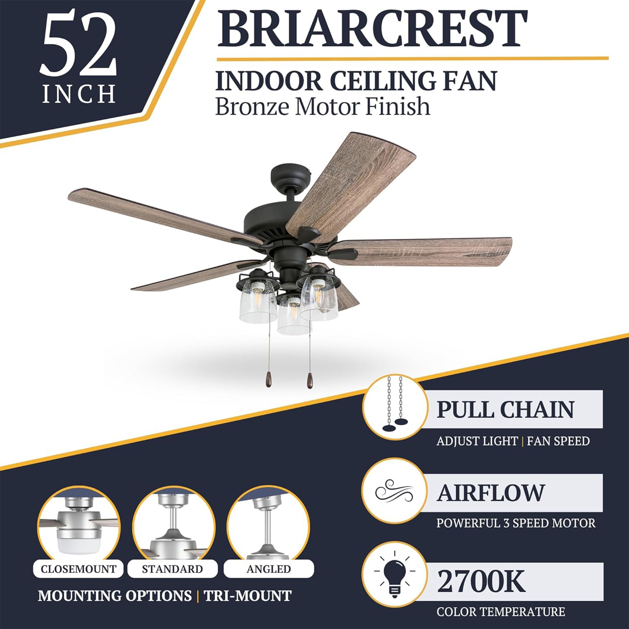 Prominence Home Briarcrest 52" Indoor Ceiling Fan with Light, Pull Chain, Bronze - VMInnovations