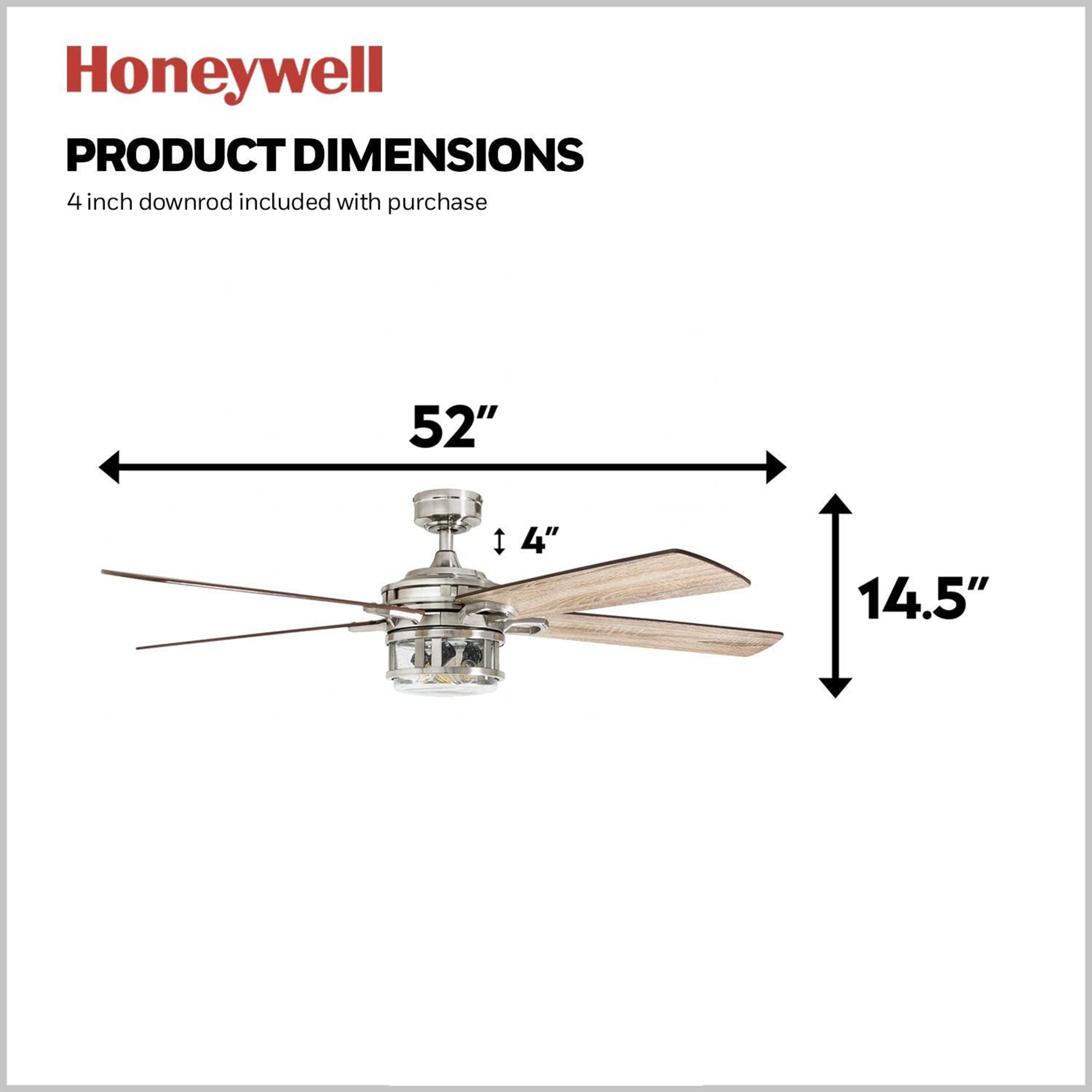 Honeywell Bonterra 52 Inch Ceiling Fan with LED Light & Remote, Brushed Nickel - VMInnovations