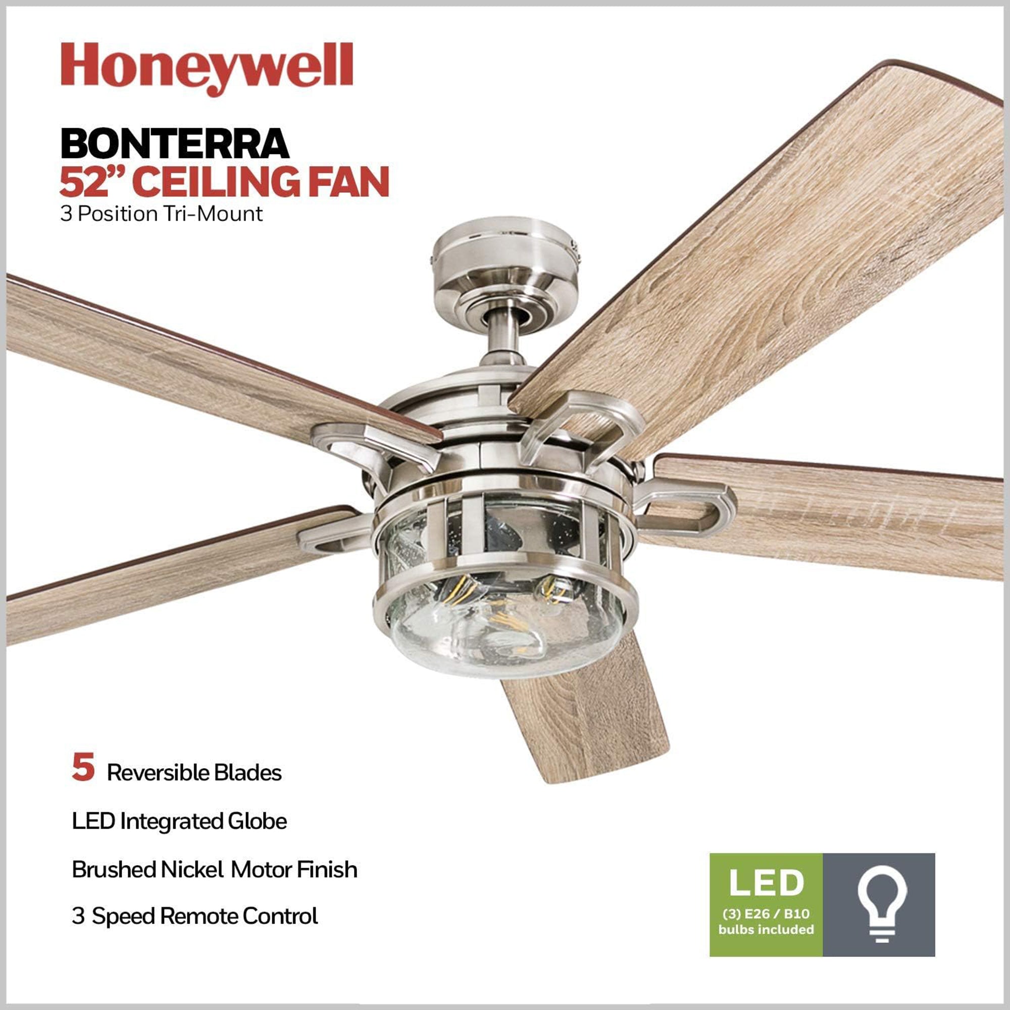 Honeywell Bonterra 52 Inch Ceiling Fan with LED Light & Remote, Brushed Nickel - VMInnovations
