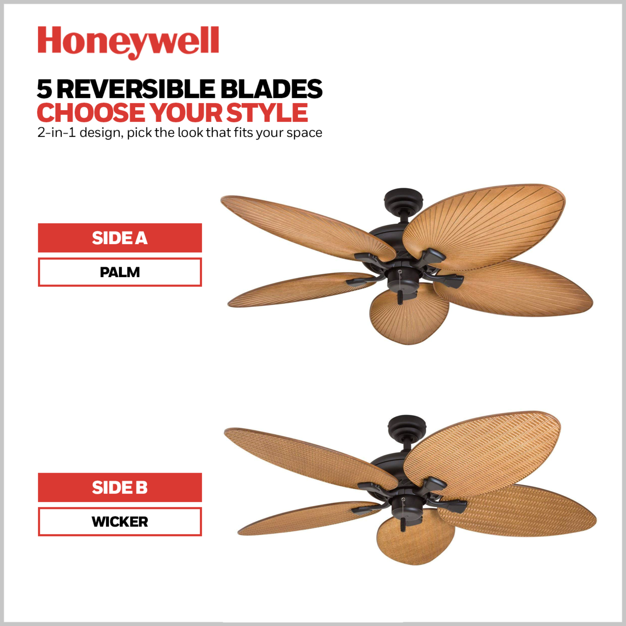 Honeywell Palm Island 52 Inch Indoor Outdoor Ceiling Fan w/Leaf Blades, (Used)