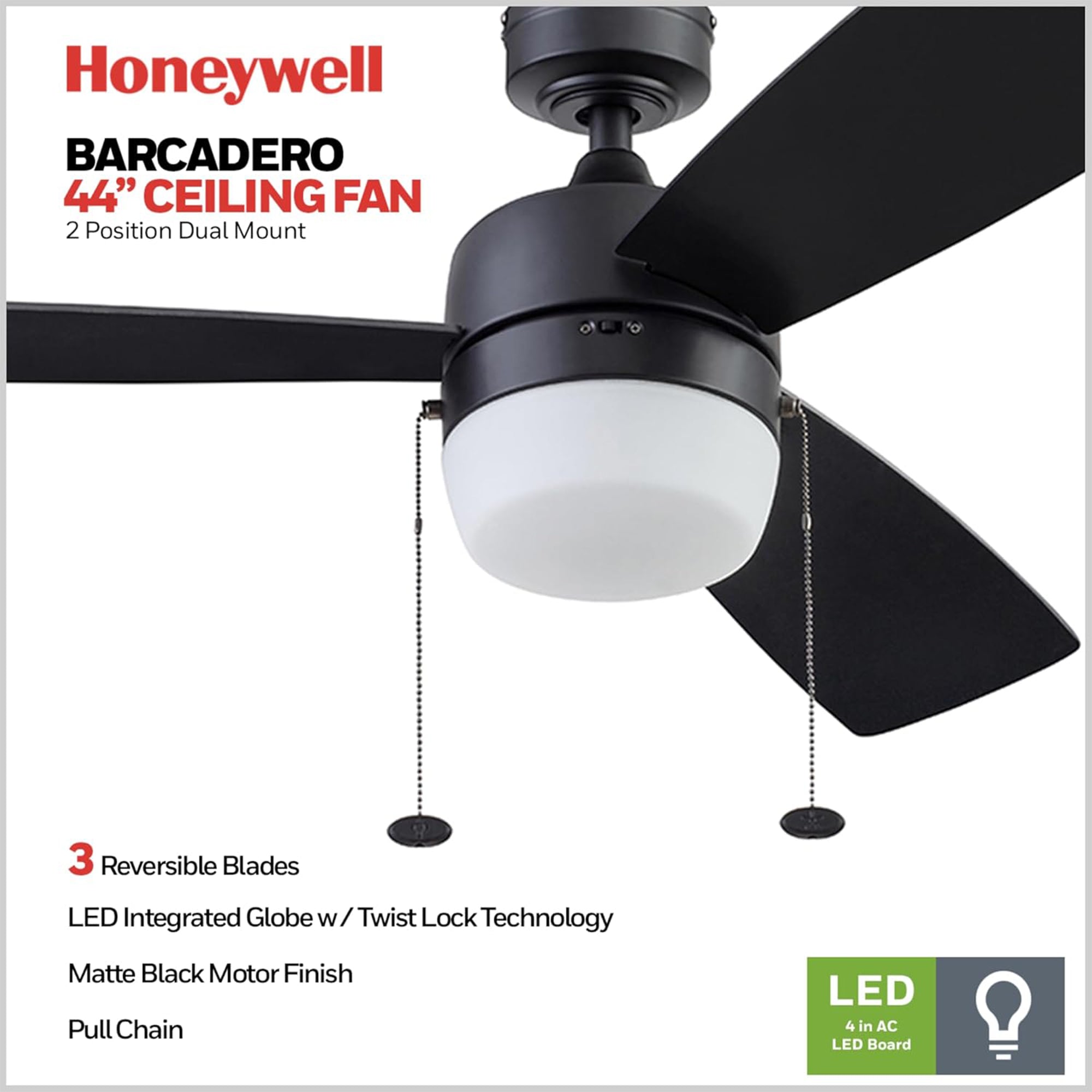 Honeywell Barcadero 44 Inch Indoor LED Ceiling Fan with Pull Chain, (Open Box)