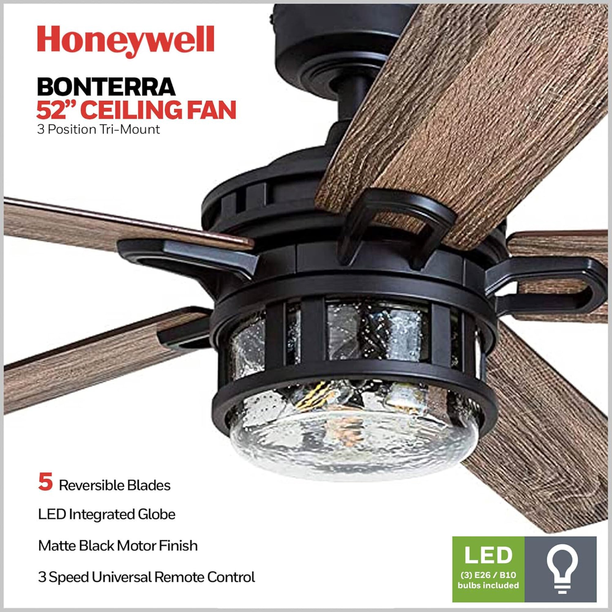 Honeywell Bonterra 52 Inch Ceiling Fan with LED Light & Remote, Matte Blk (Used) - VMInnovations
