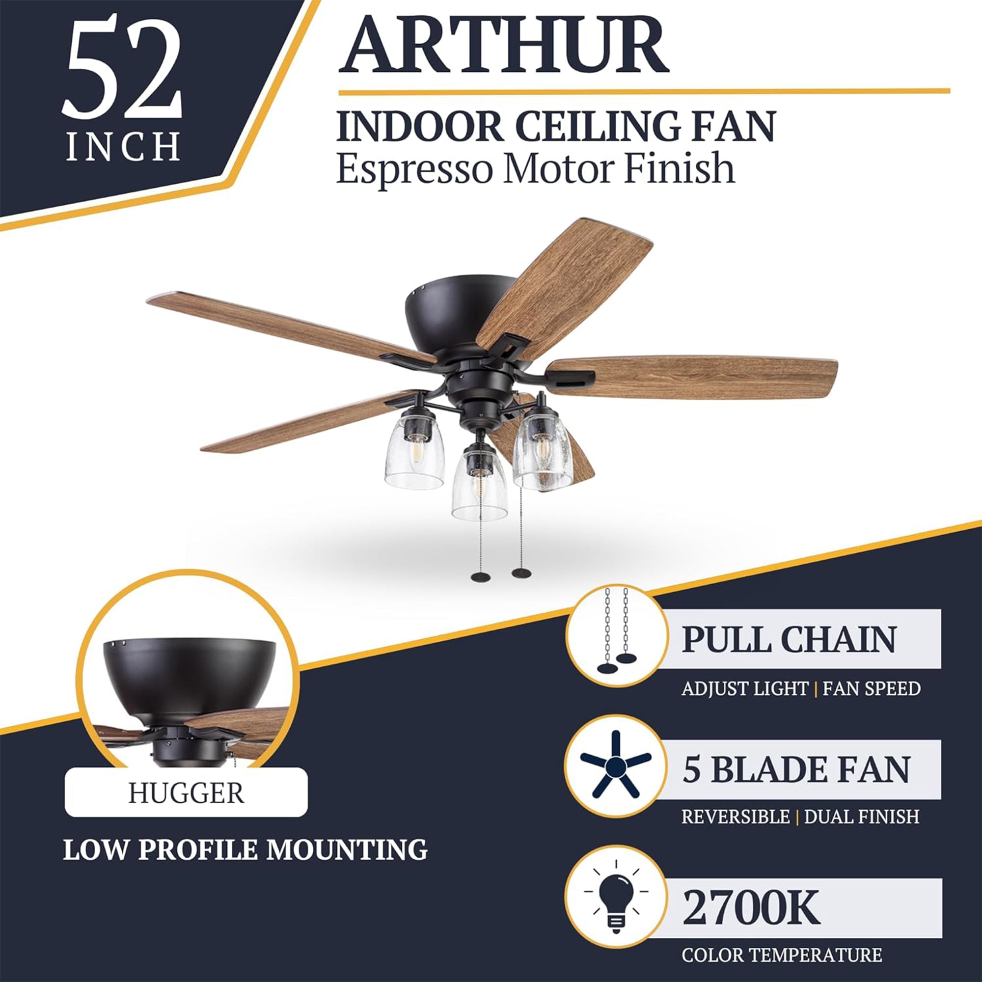 Prominence Home Arthur 52 Inch Flush Mount LED Ceiling Fan with Light(Open Box) - VMInnovations