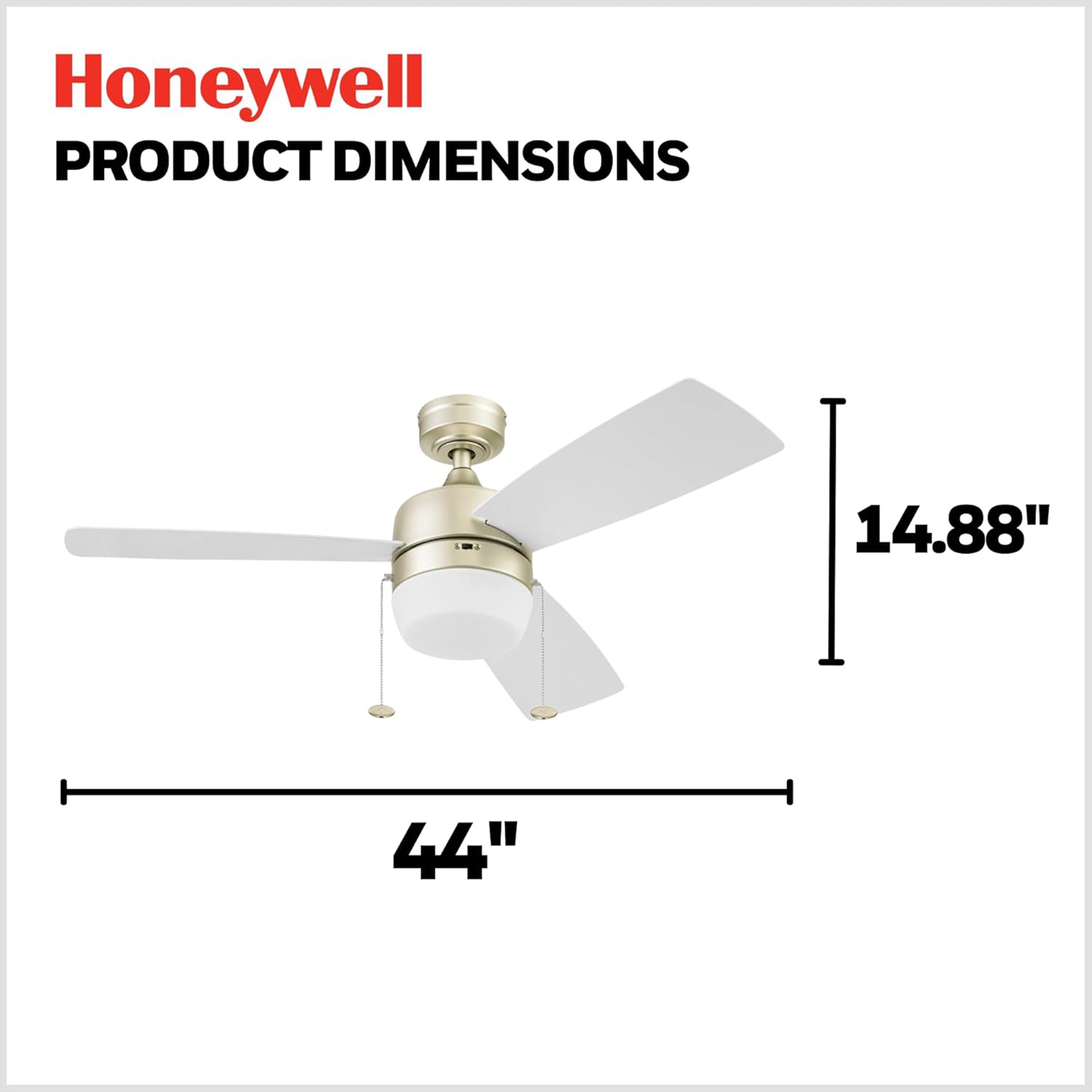 Honeywell Barcadero 44 Inch Indoor LED Ceiling Fan with Pull Chain, Soft Gold - VMInnovations