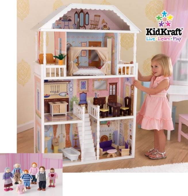 KidKraft Savannah Dollhouse Girls Play Wood Play Doll House w/ Doll Family