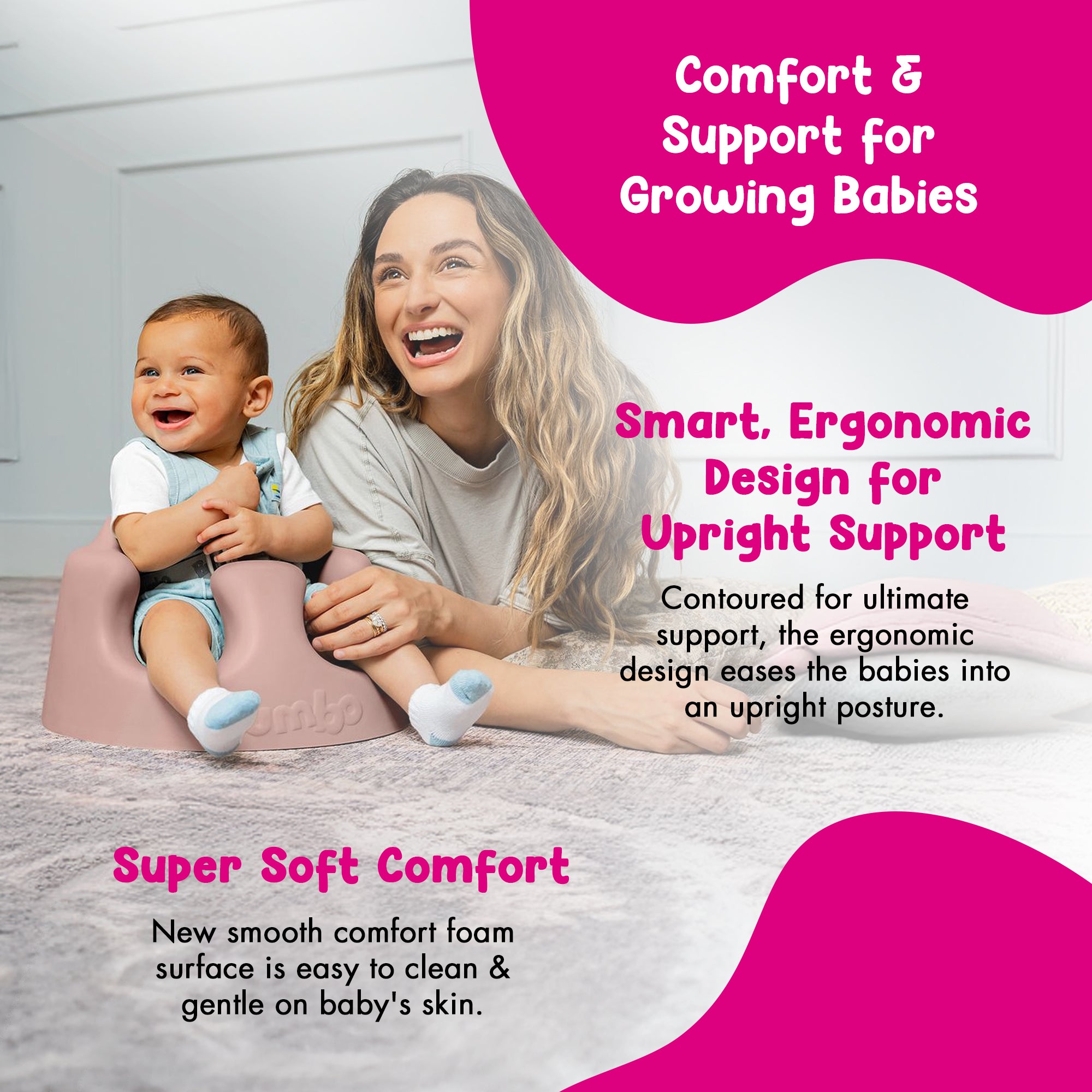 Bumbo Infant Floor Seat PLUS+ Sit Up Chair, Adjustable Harness, Rose, 2 Pack