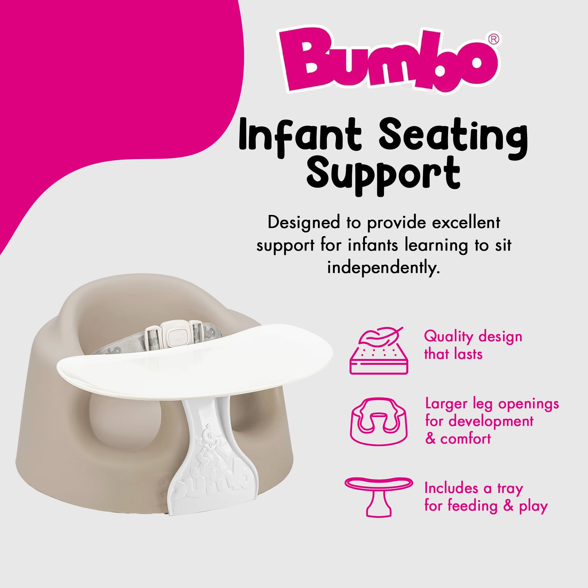 Bumbo Infant Floor Seat PLUS+ Sit Up Chair, Adjustable Safety Harness, Taupe - VMInnovations