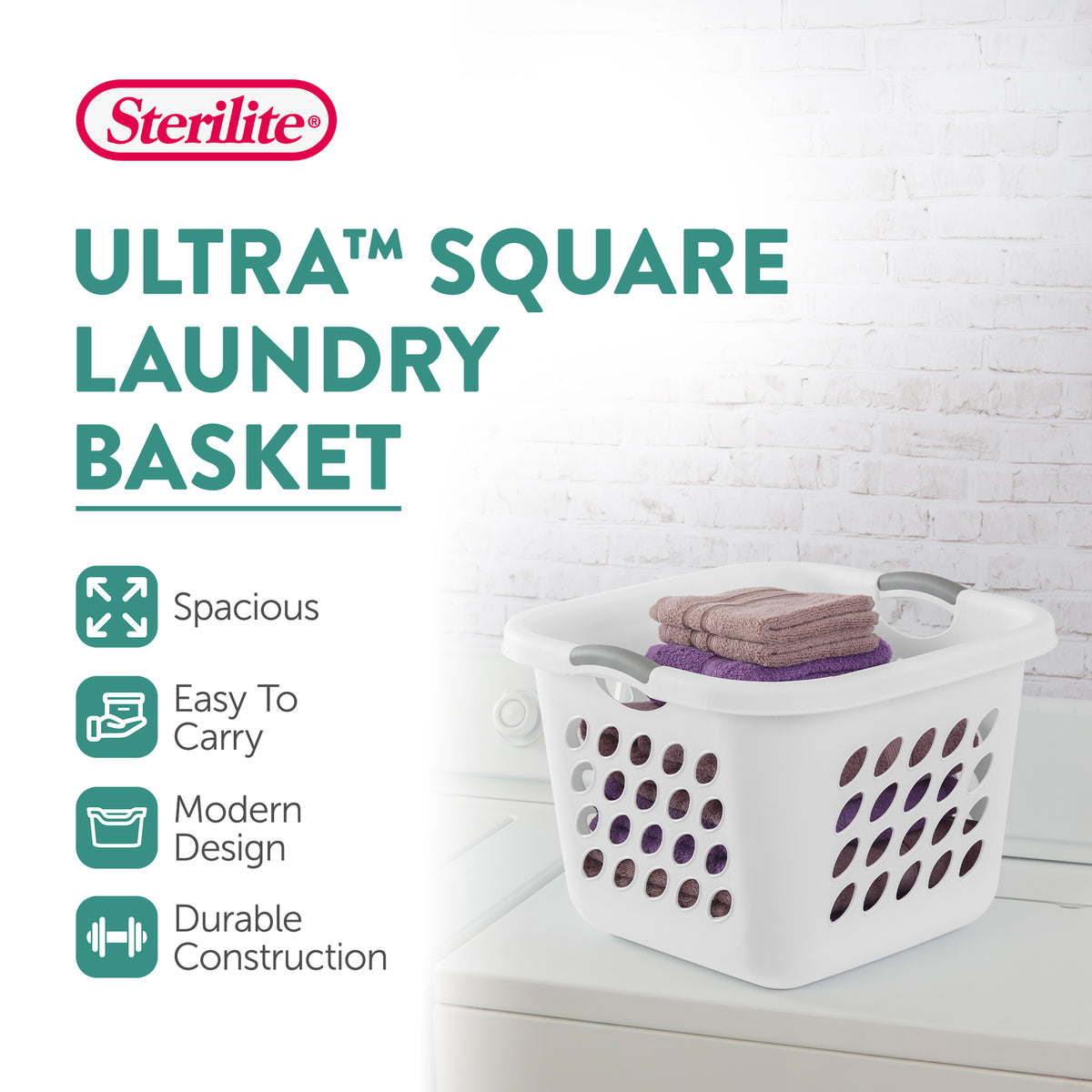 Sterilite Square Laundry Basket, 1.5 BushelHamper with Handles, White, 4 Pack