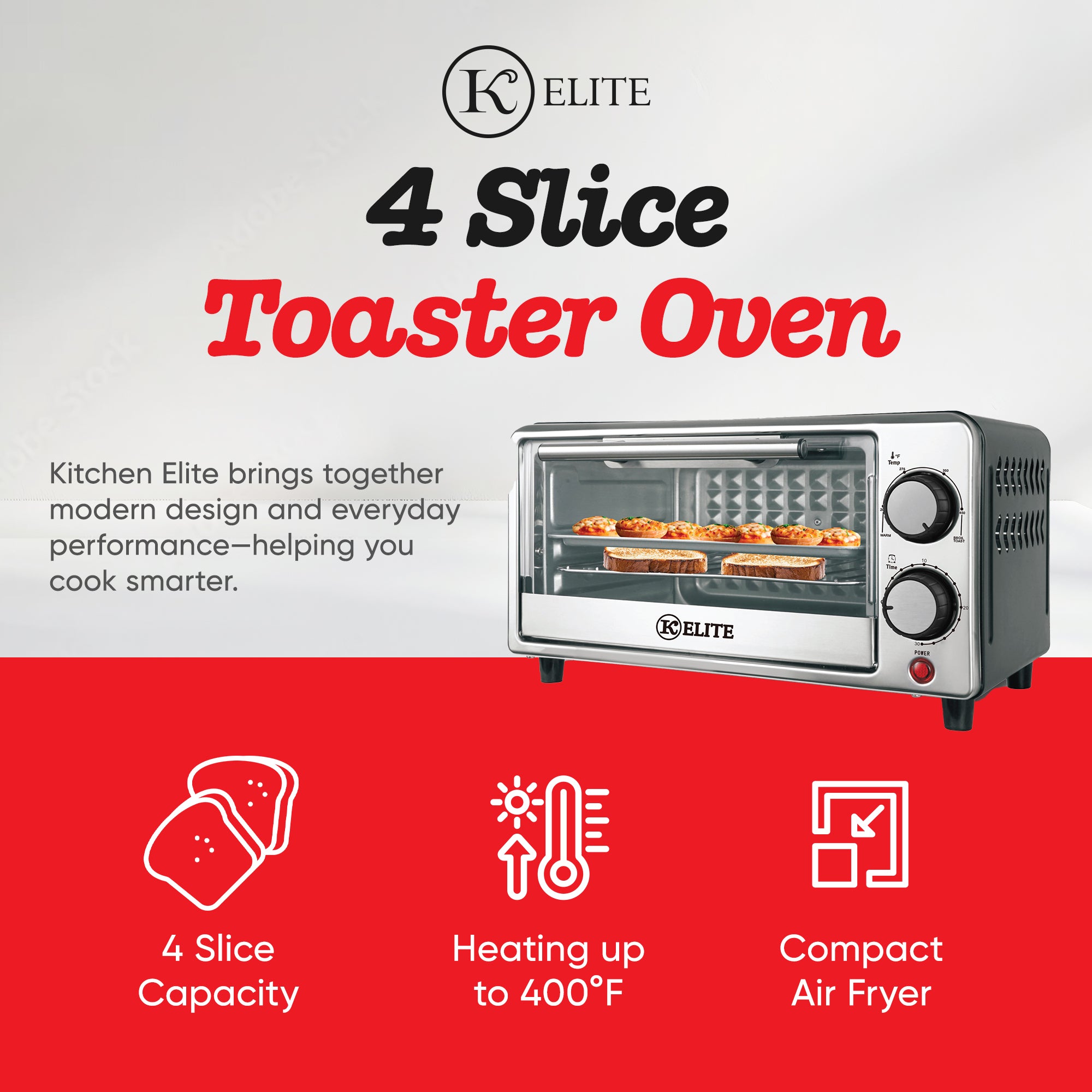 Kitchen Elite 4-Slice Countertop Toaster Oven Stainless Steel Tray (Open Box)