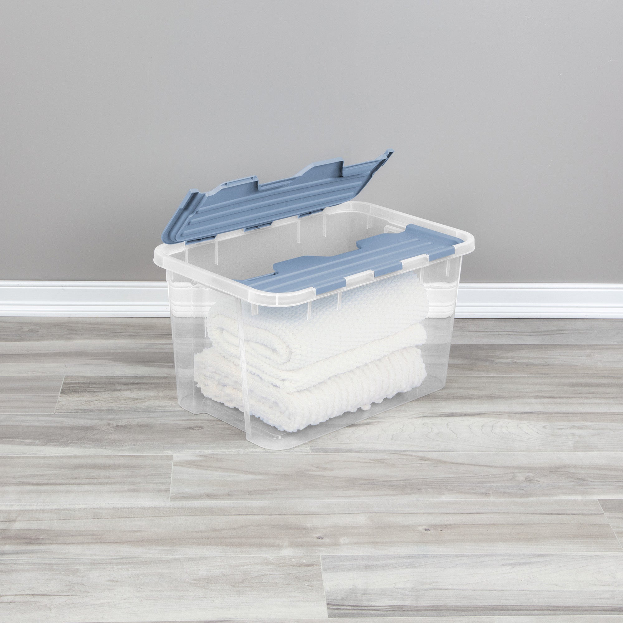 Sterilite 60 Qt Hinged Lid Storage Box, Plastic Container, Washed Blue, 6 Pack