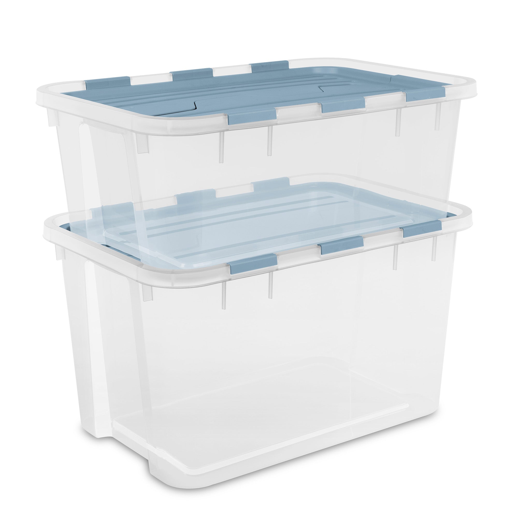 Sterilite 60 Qt Hinged Lid Storage Box, Plastic Container, Washed Blue, 24 Pack
