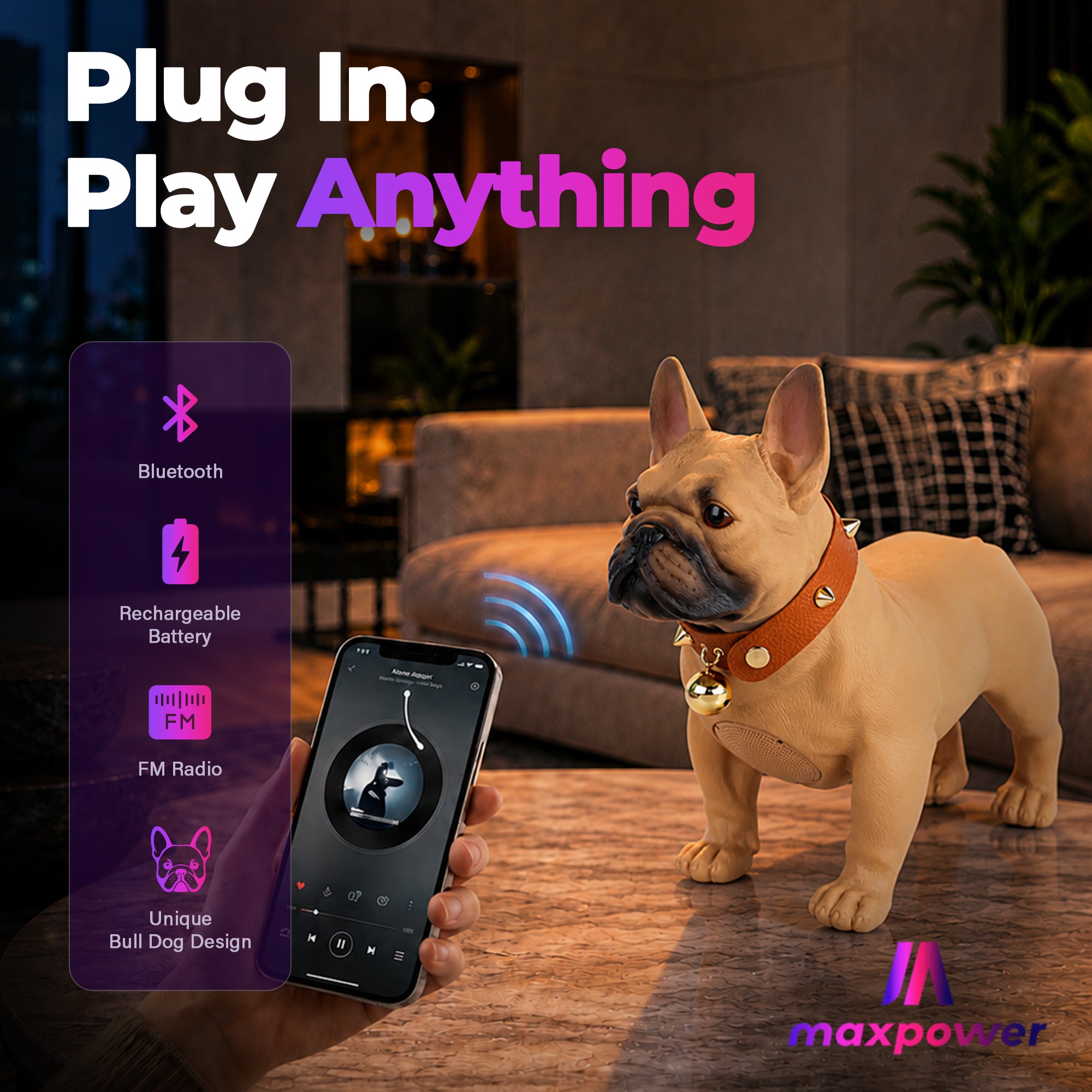 Max Power Bulldog Style Rechargeable Bluetooth Speaker with FM Radio, Brown - VMInnovations