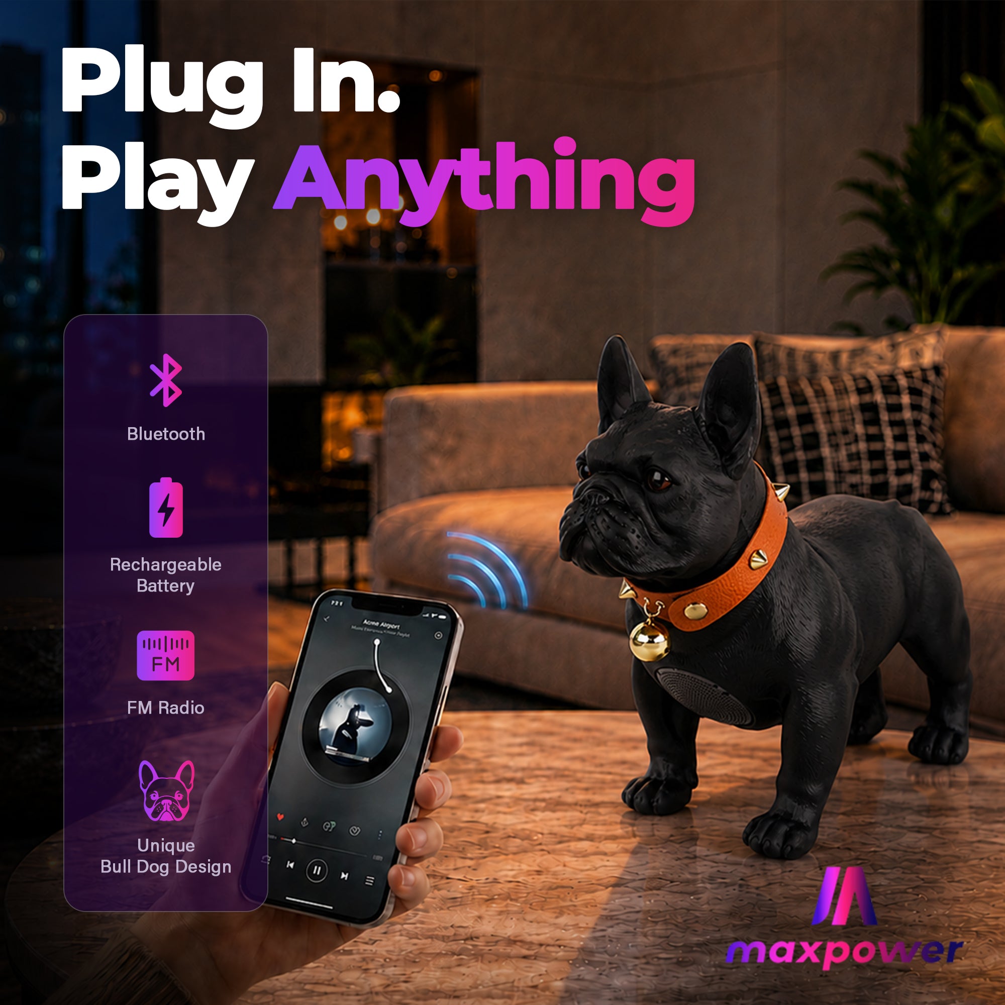 Max Power Bulldog Style Rechargeable Bluetooth Speaker with FM Radio, Black - VMInnovations
