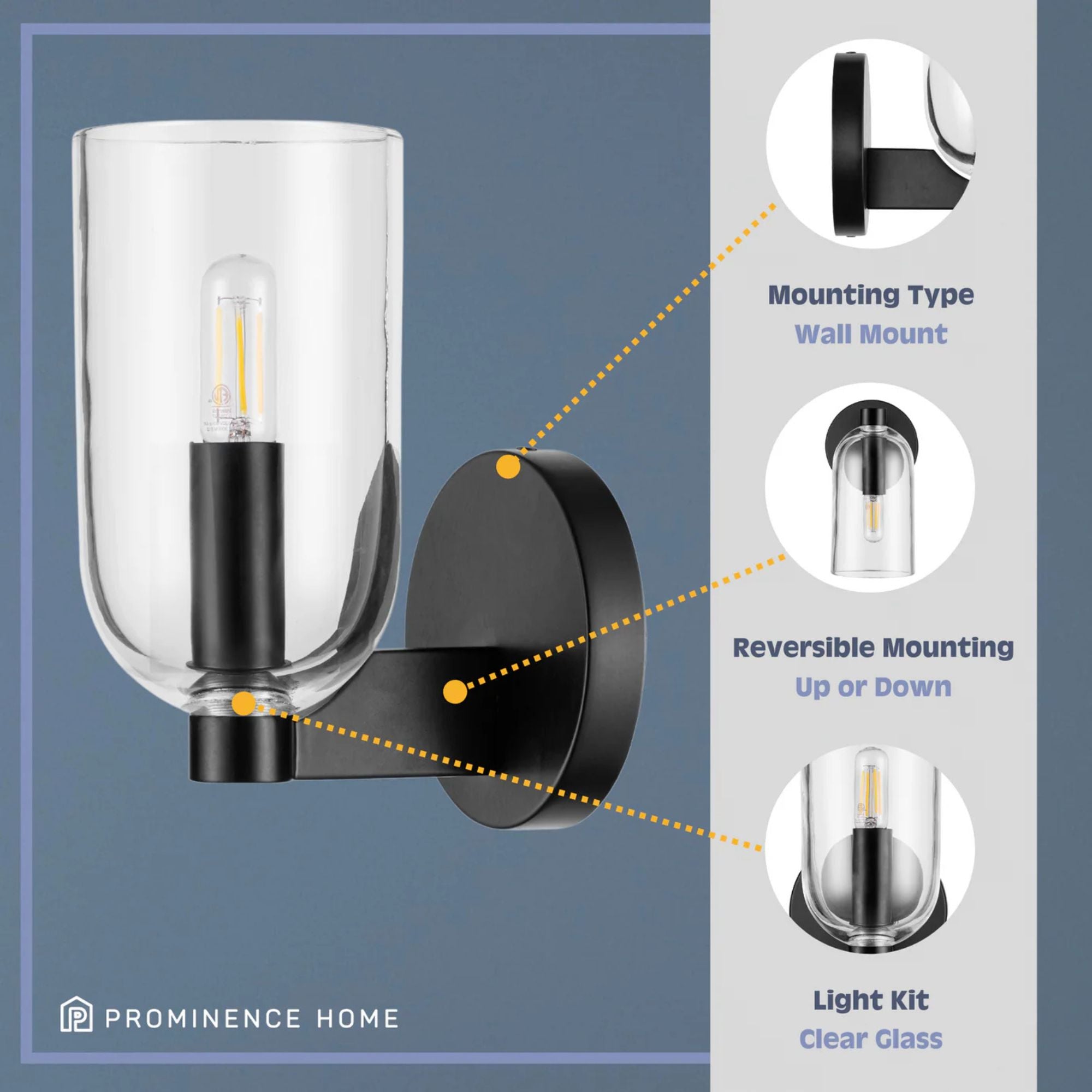 Prominence Home Hansley 1 Light Wall Sconce for Hallways or Bedrooms, Black - VMInnovations