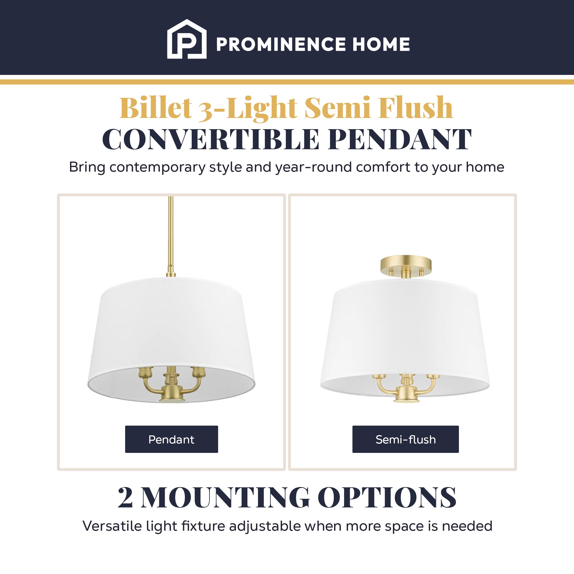 Prominence Home Billet 3 Light Semi Flush Convertible Pendant, Brushed Gold - VMInnovations