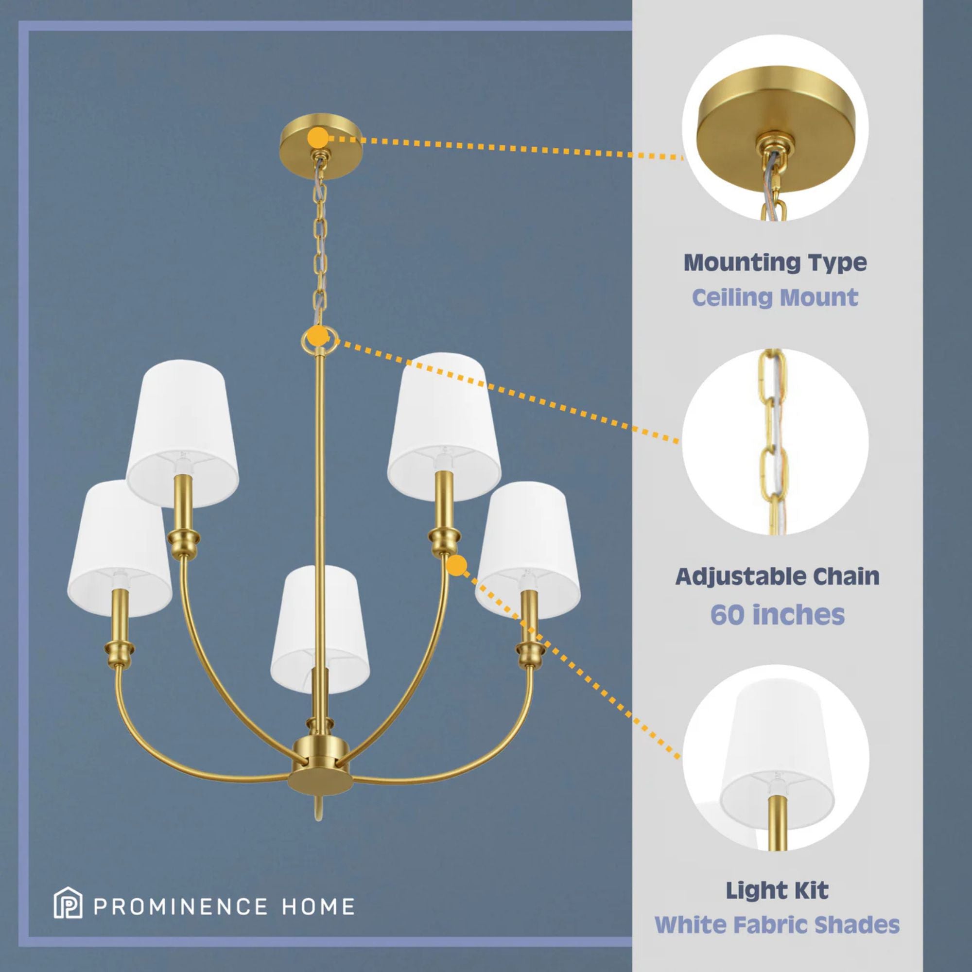 Prominence Home Bilet 5 Lt Linear Chandelier with Fabric Shades, Gold (Open Box)