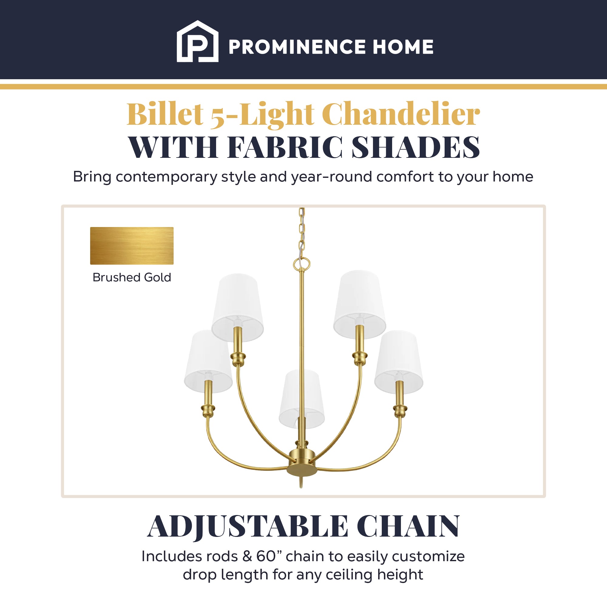 Prominence Home Bilet 5 Lt Linear Chandelier with Fabric Shades, Gold (Open Box)