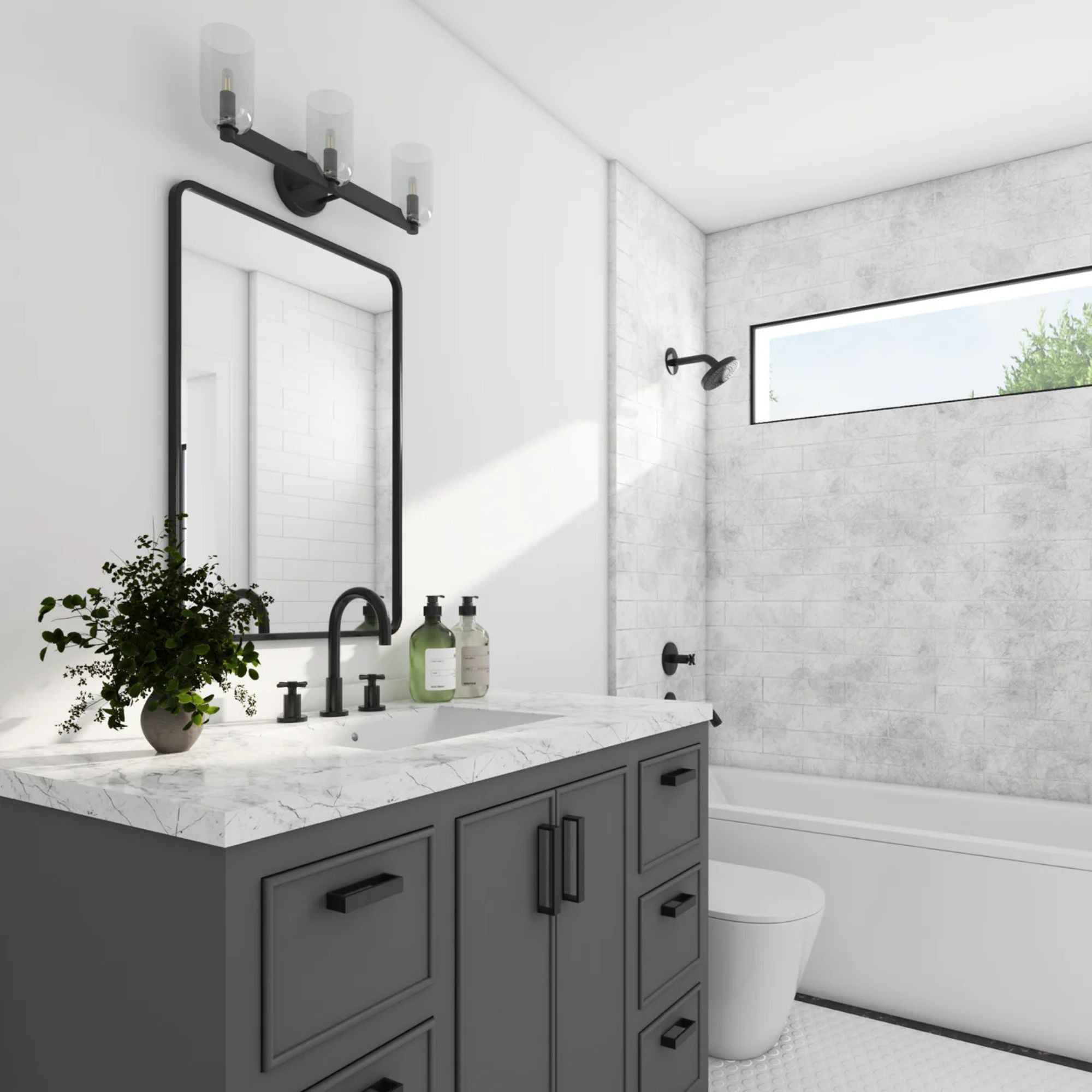 Prominence Home Hansley 3 Light Vanity Light, Damp Rated with Clear Glass, Black - VMInnovations