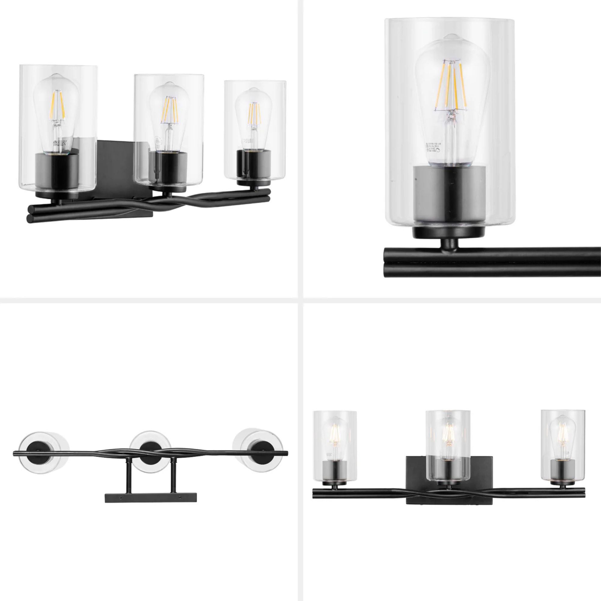 Prominence Home Lantier 3 Light Vanity Light, Damp Rated with Clear Glass, Black - VMInnovations