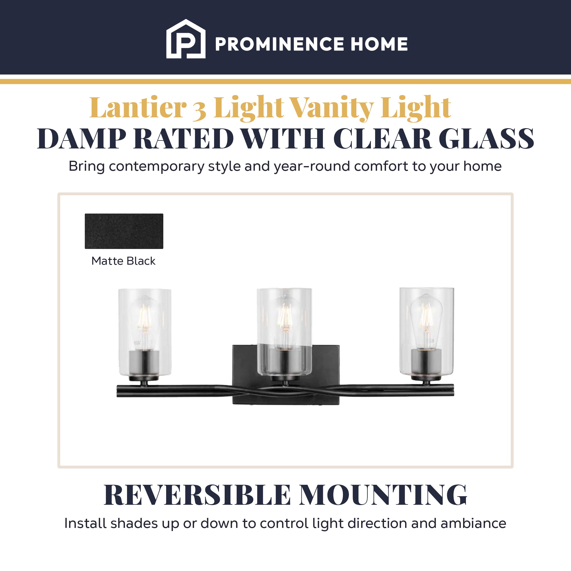 Prominence Home Lantier 3 Light Vanity Light, Damp Rated with Clear Glass, Black - VMInnovations