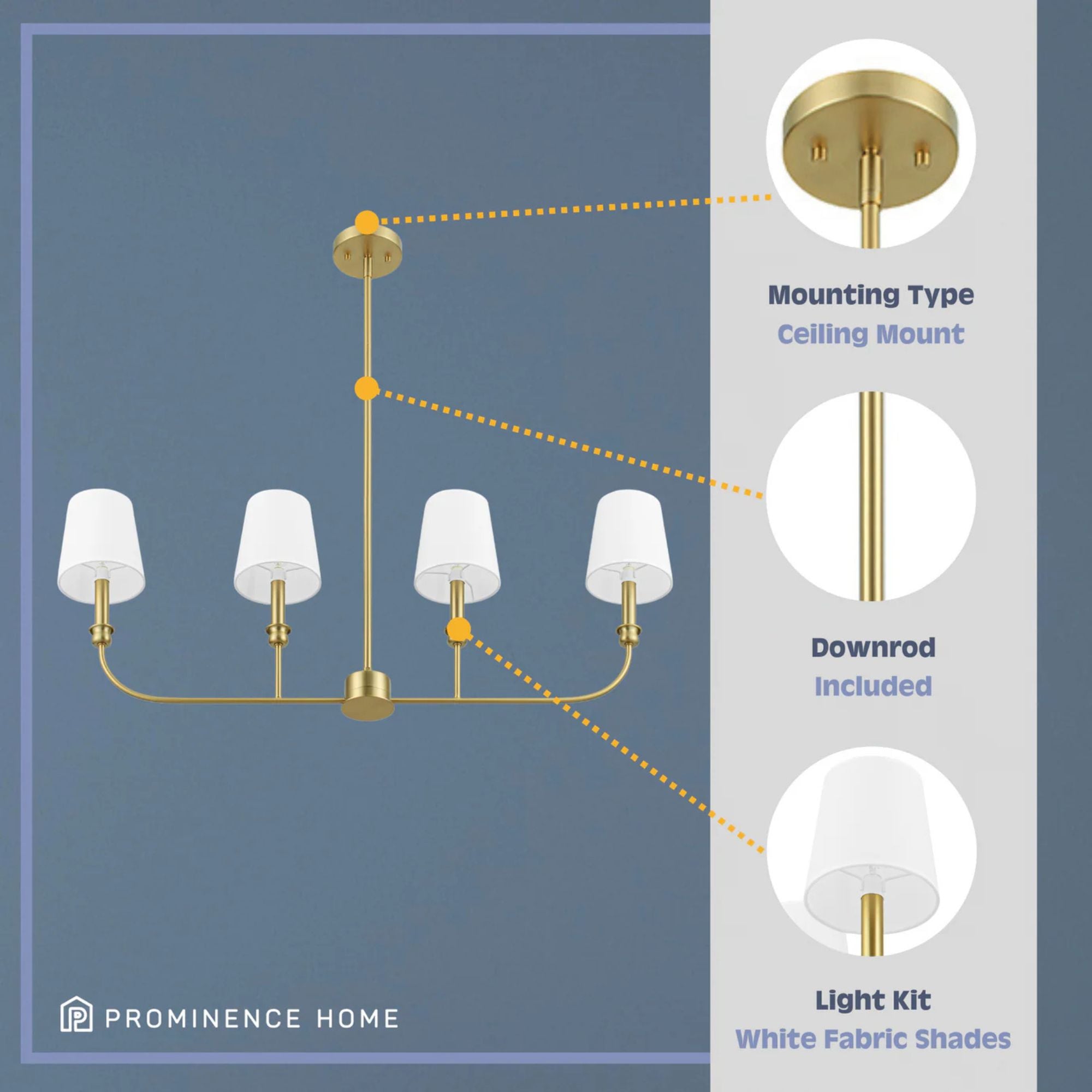 Prominence Home Bilet 4 Light Linear Chandelier with Fabric Shades, Brushed Gold