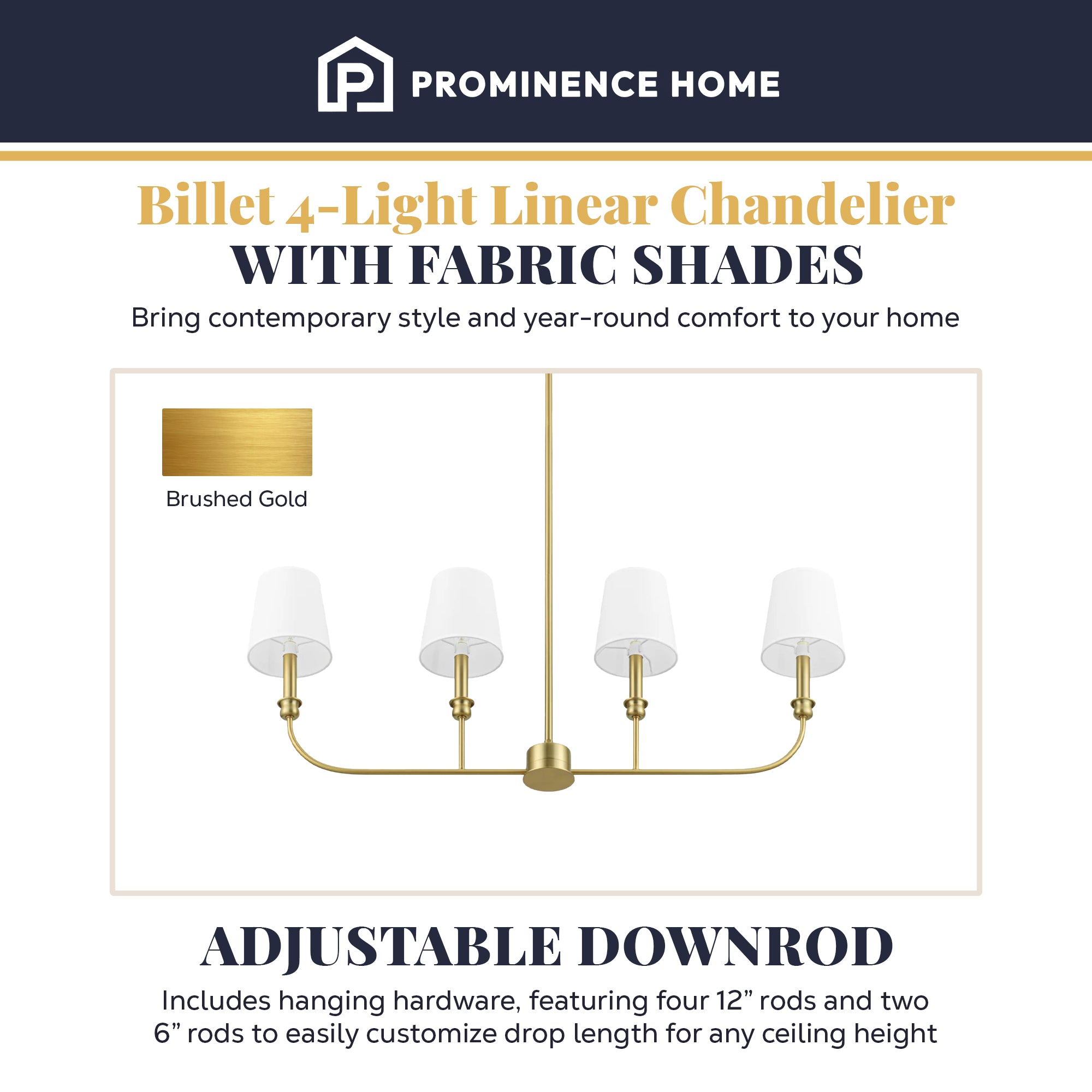 Prominence Home Bilet 4 Light Linear Chandelier with Fabric Shades, Brushed Gold