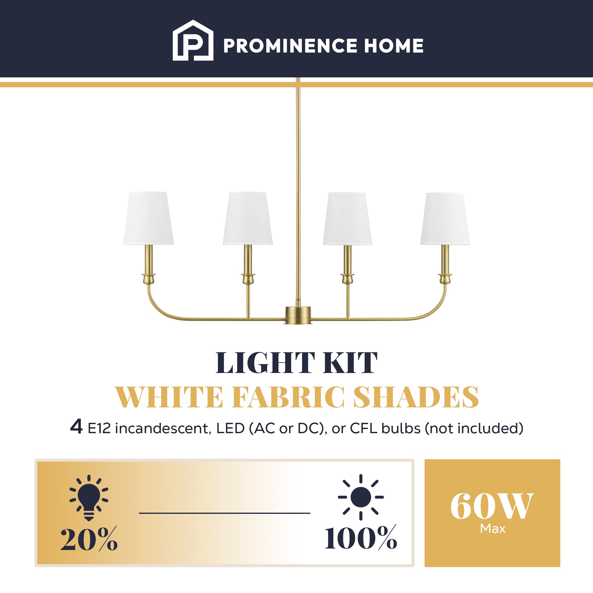 Prominence Home Bilet 4 Light Linear Chandelier with Fabric Shades, Brushed Gold