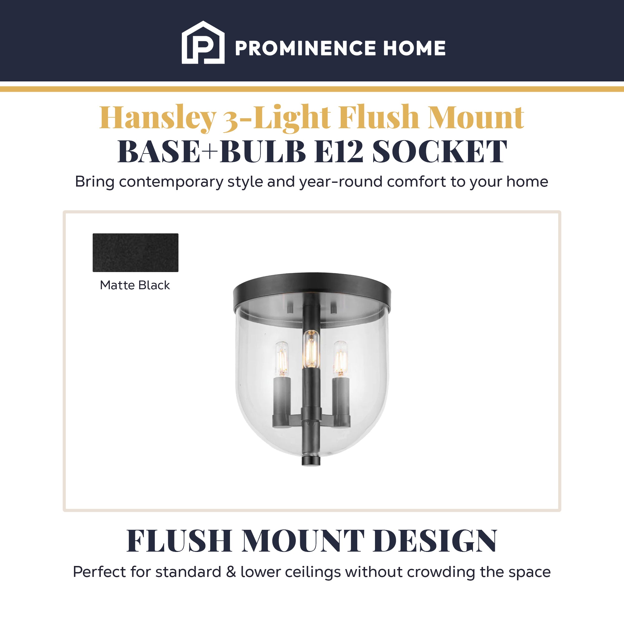 Prominence Home Hansley 3 Light Flush Mount Ceiling Light Fixture, Matte Black - VMInnovations