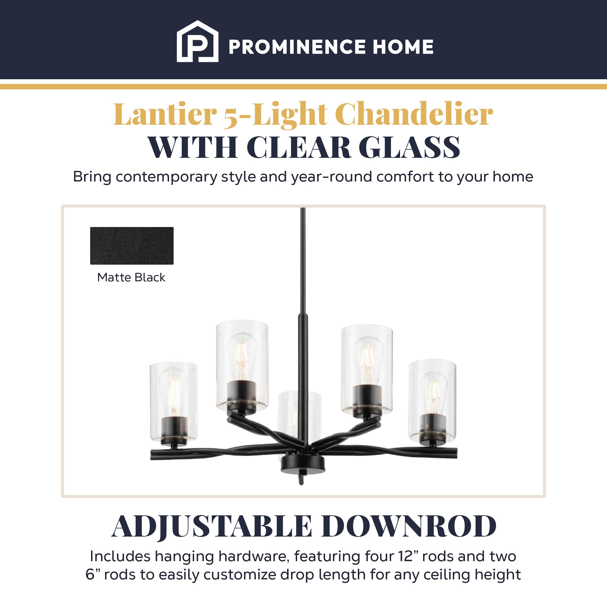 Prominence Home Lantier 5-Light Chandelier with Clear Glass, Matte Black - VMInnovations