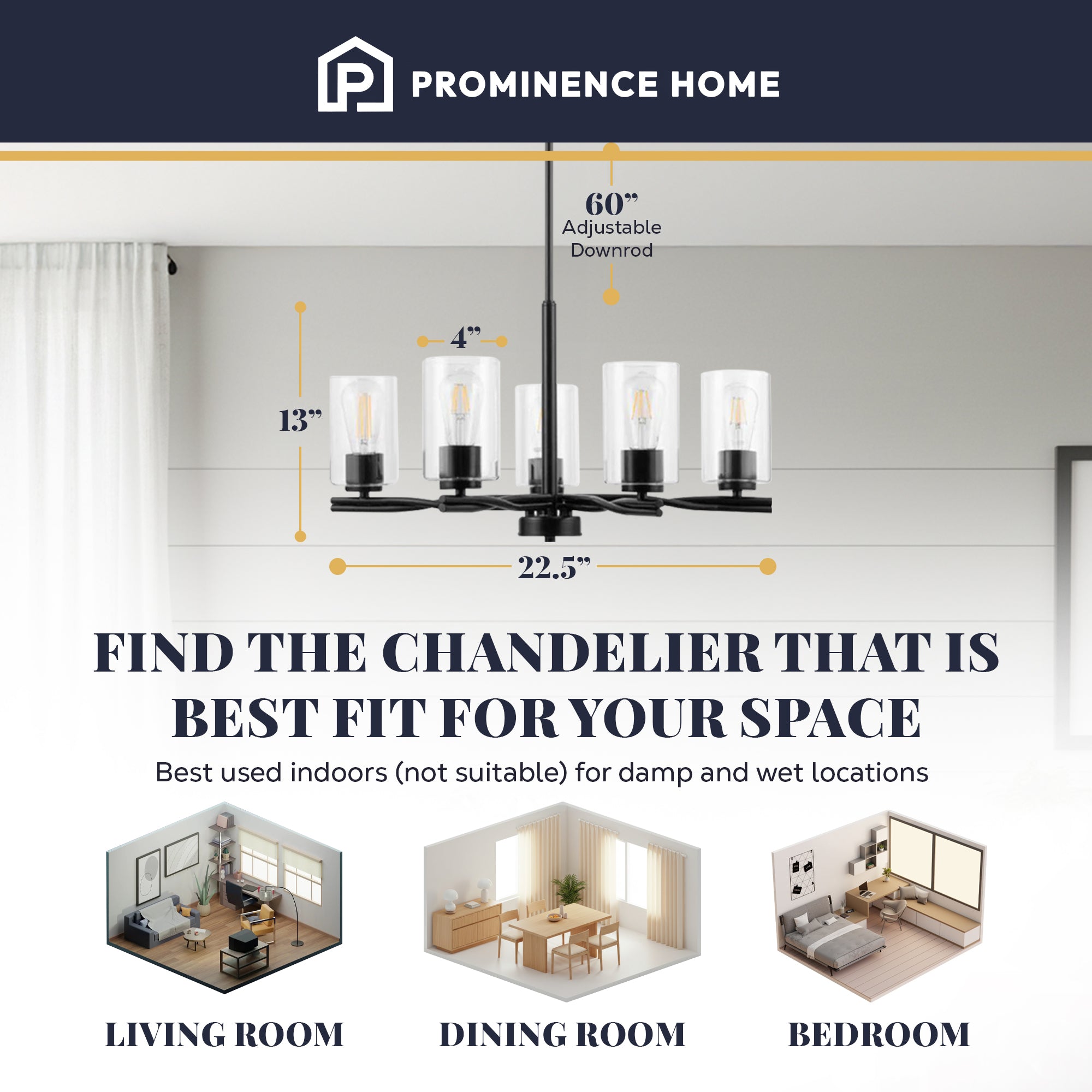 Prominence Home Lantier 5-Light Chandelier with Clear Glass, Matte Black - VMInnovations