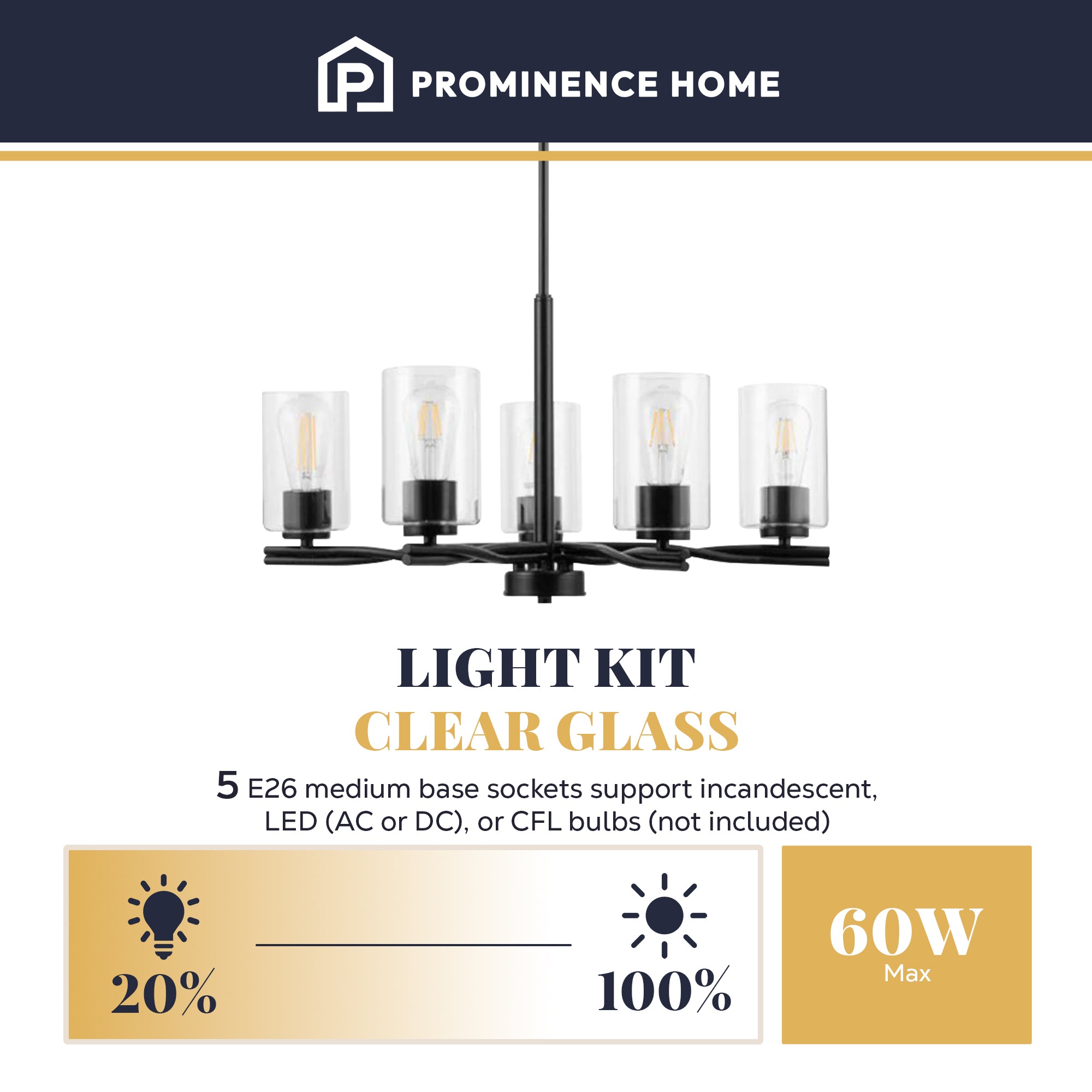 Prominence Home Lantier 5-Light Chandelier with Clear Glass, Matte Black - VMInnovations