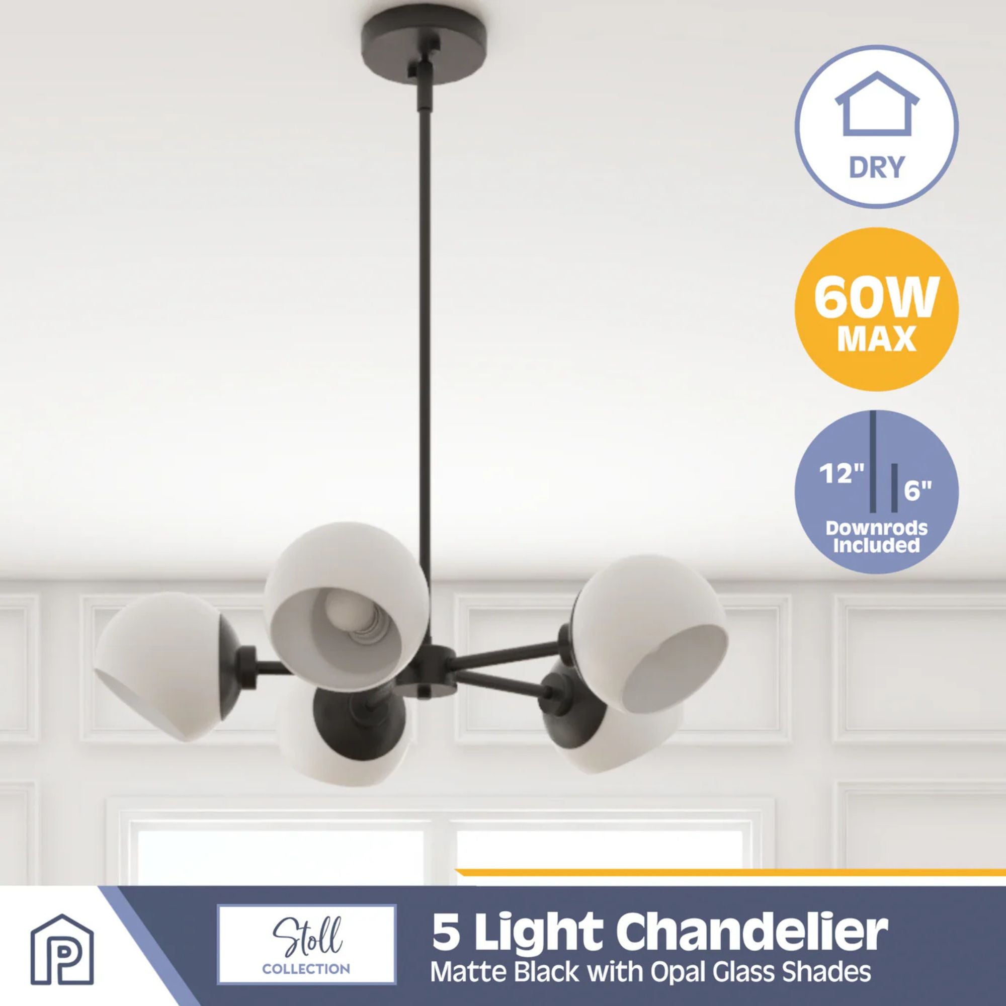 Prominence Home Stoll 5-Light Chandelier with Opal Glass Globes, Matte Black - VMInnovations
