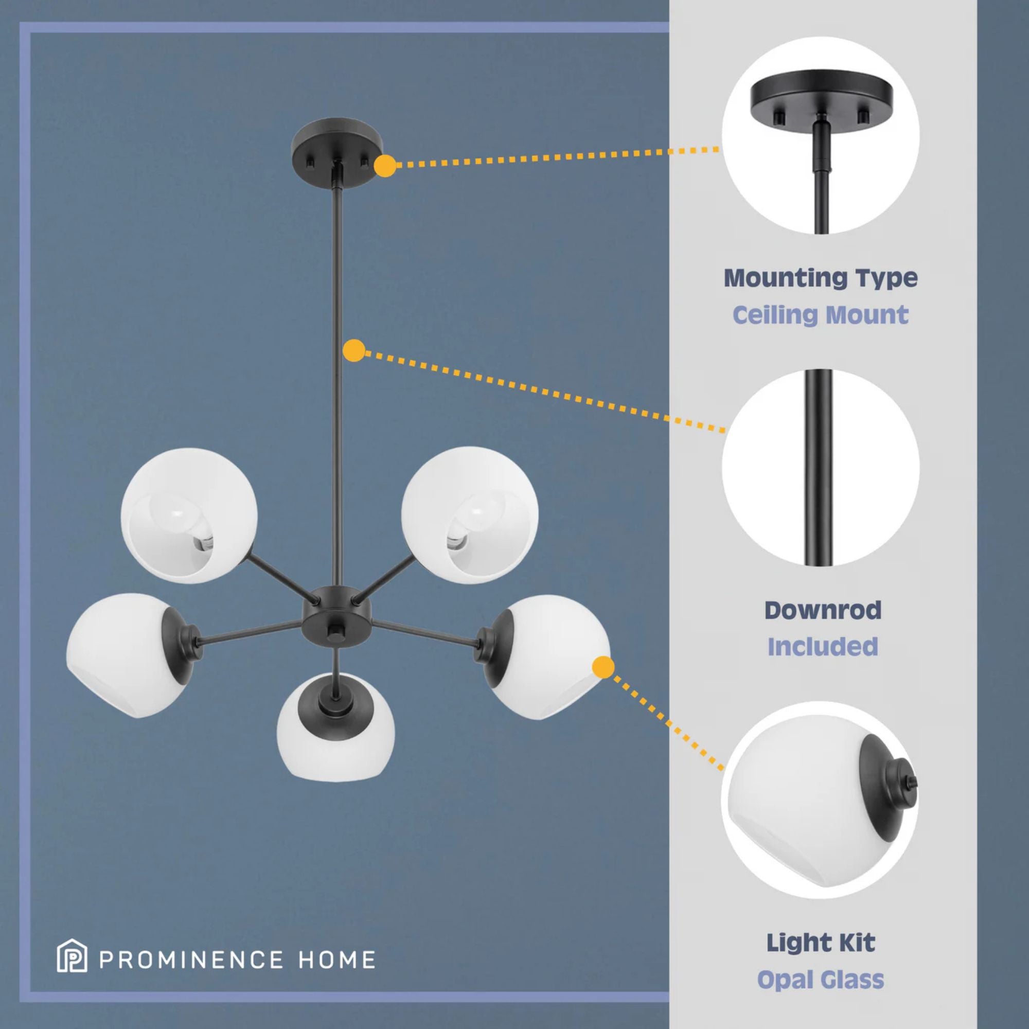 Prominence Home Stoll 5-Light Chandelier with Opal Glass Globes, Matte Black - VMInnovations