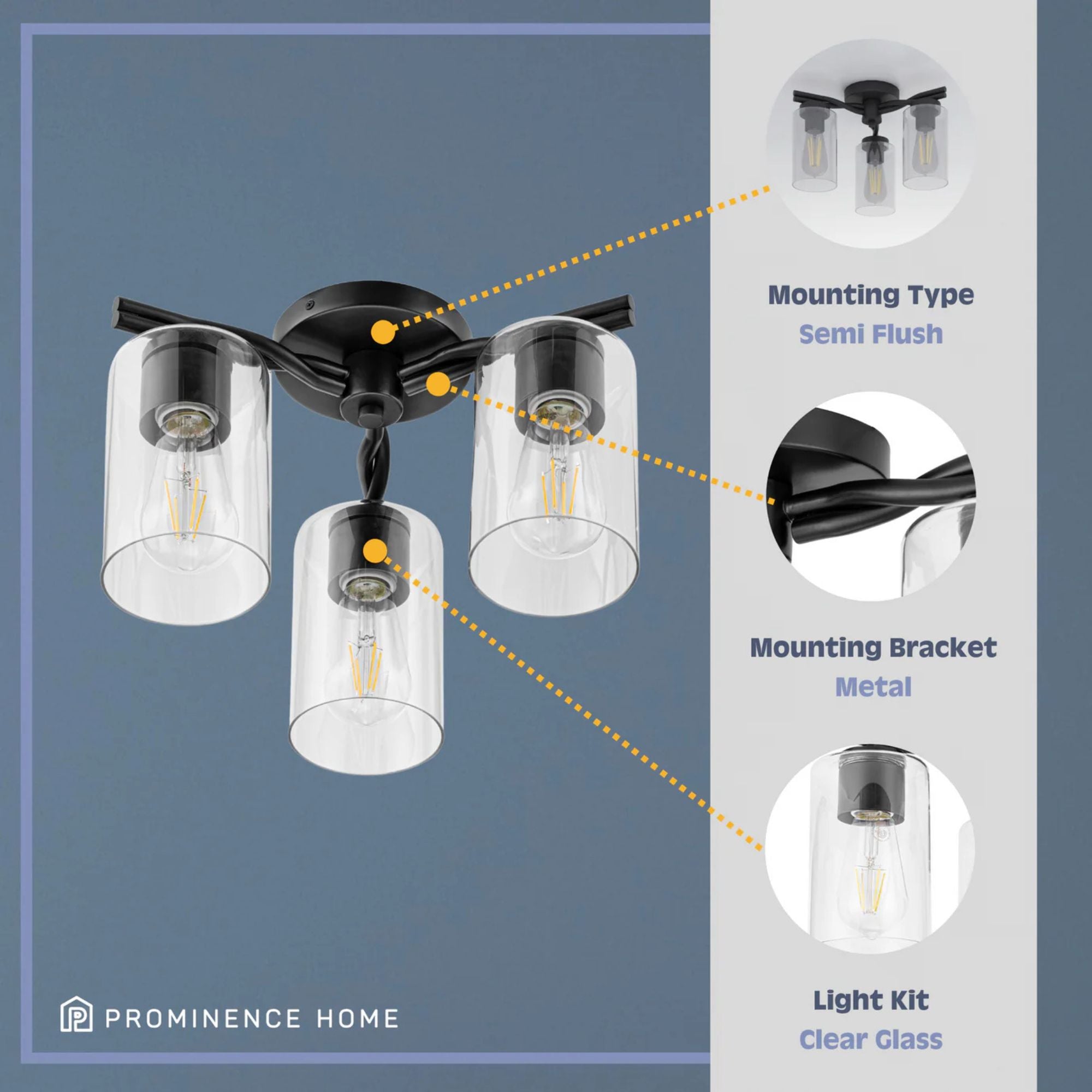 Prominence Home Lantier 3-Light Semi-Flush Ceiling Light for Home, Matte Black - VMInnovations