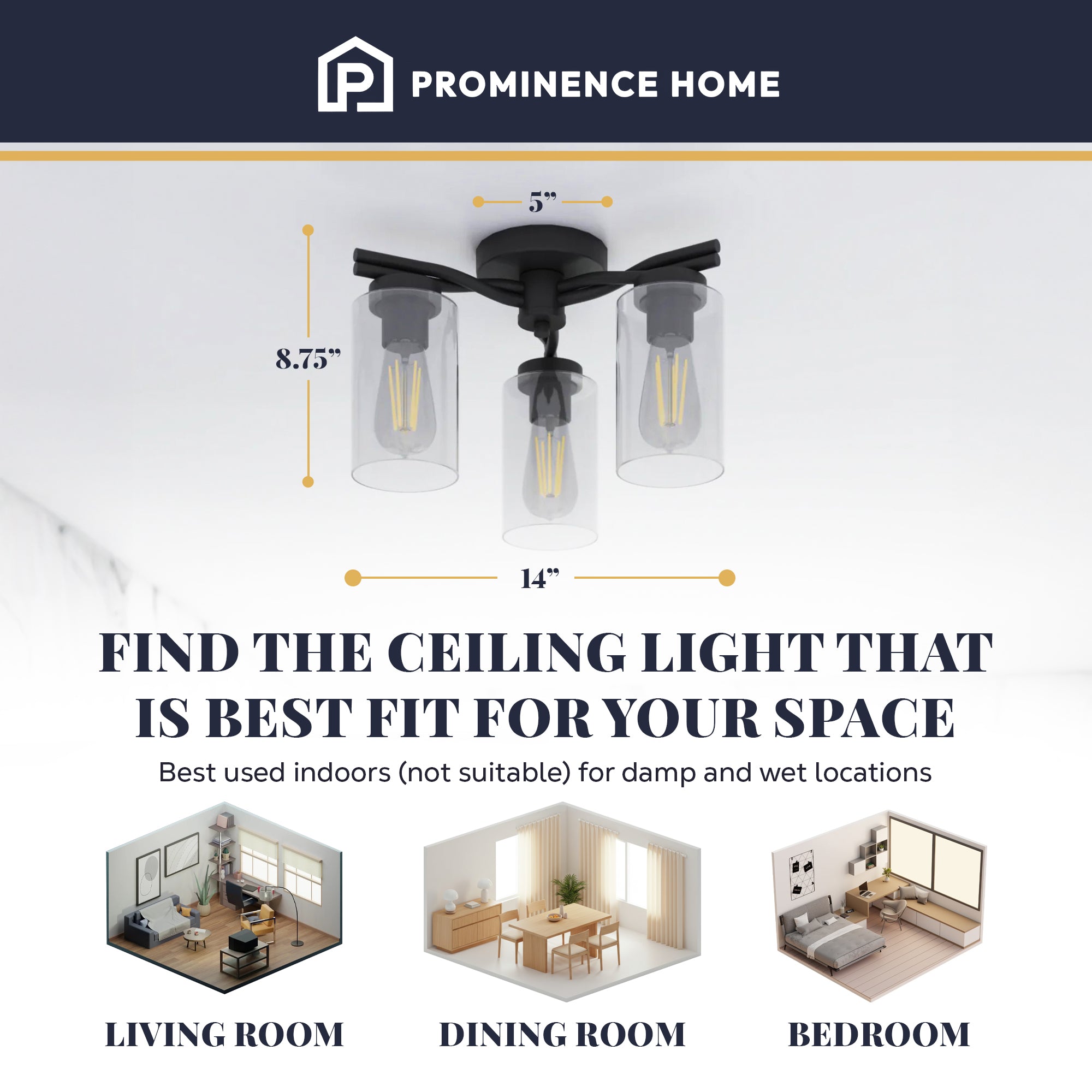 Prominence Home Lantier 3-Light Semi-Flush Ceiling Light for Home, Matte Black - VMInnovations