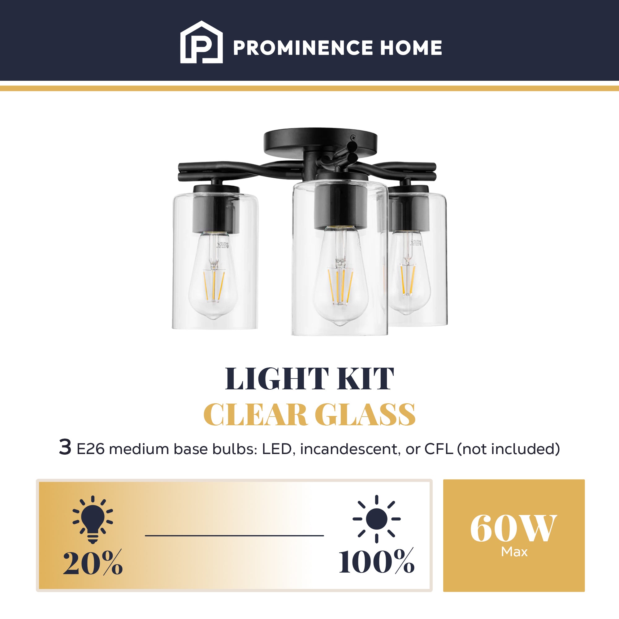Prominence Home Lantier 3-Light Semi-Flush Ceiling Light for Home, Matte Black - VMInnovations