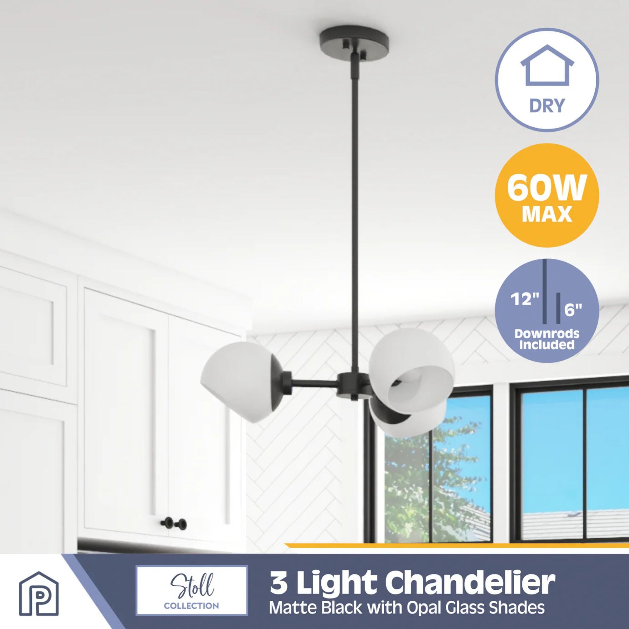 Prominence Home Stoll 3-Light Chandelier with Opal Glass Globes, Matte Black